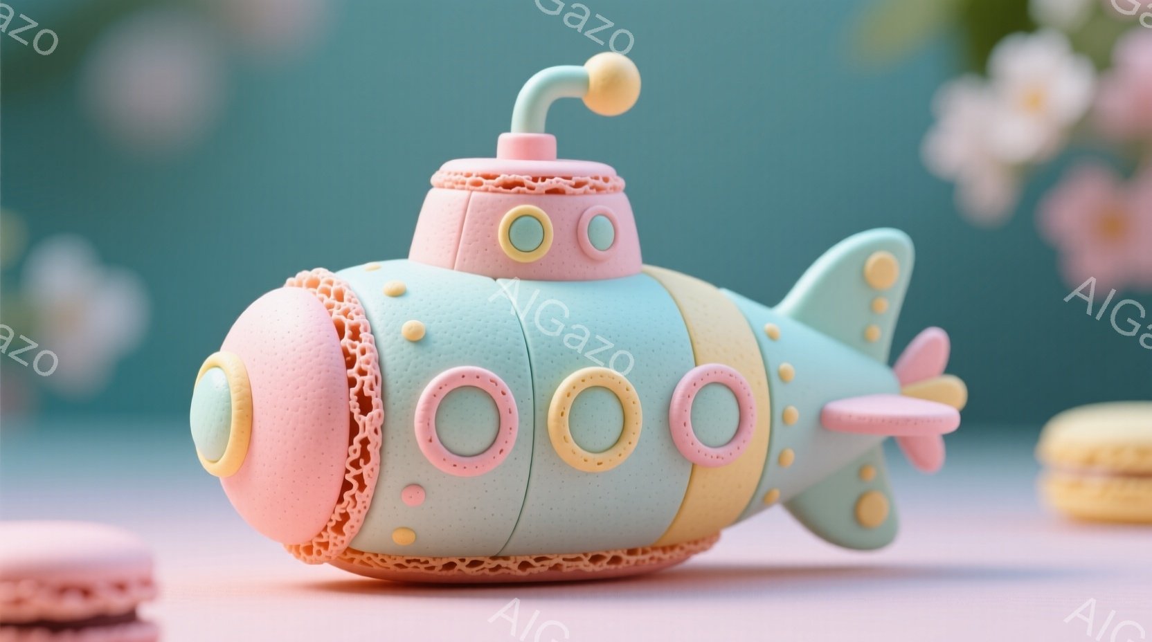 淡い水色の潜水艦が、マカロンのような装飾が施された可愛らしい姿で描かれています。船体は水玉模様で、ピンク色の尾ひれと黄色の窓がアクセントになっています。背景は淡いピンクと水色で、ぼやけた花が配置され、 - AI生成フリー素材