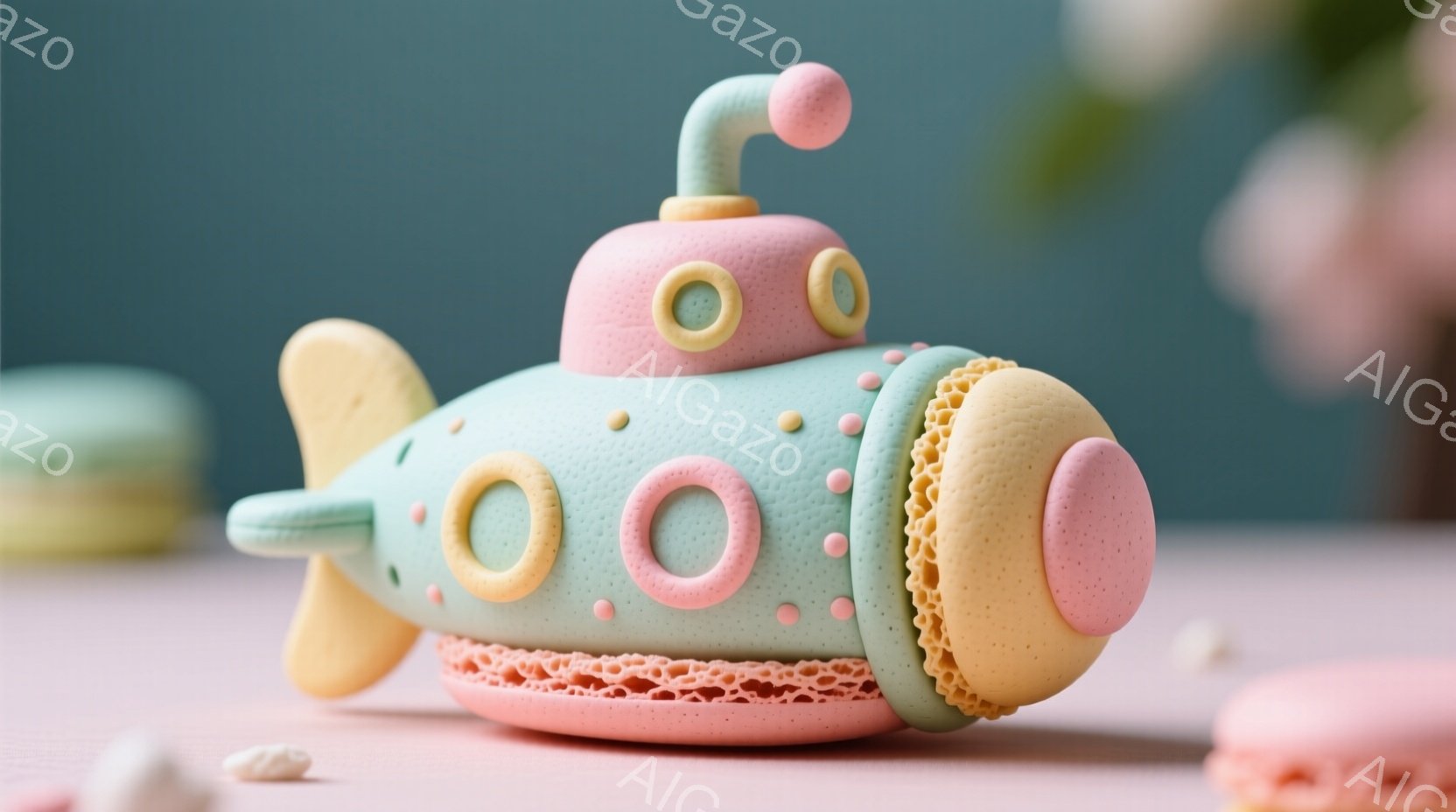 パステルグリーンのマカロンで作られた潜水艦が、ピンクと黄色のアクセントで可愛らしく表現されています。背景にはぼやけたピンク色のマカロンや白い粒状のものが見え、淡いピンク色のテーブルの上に置かれています。全体的に柔らかく夢のような雰囲気で、お菓子のような世界観が楽しめます。