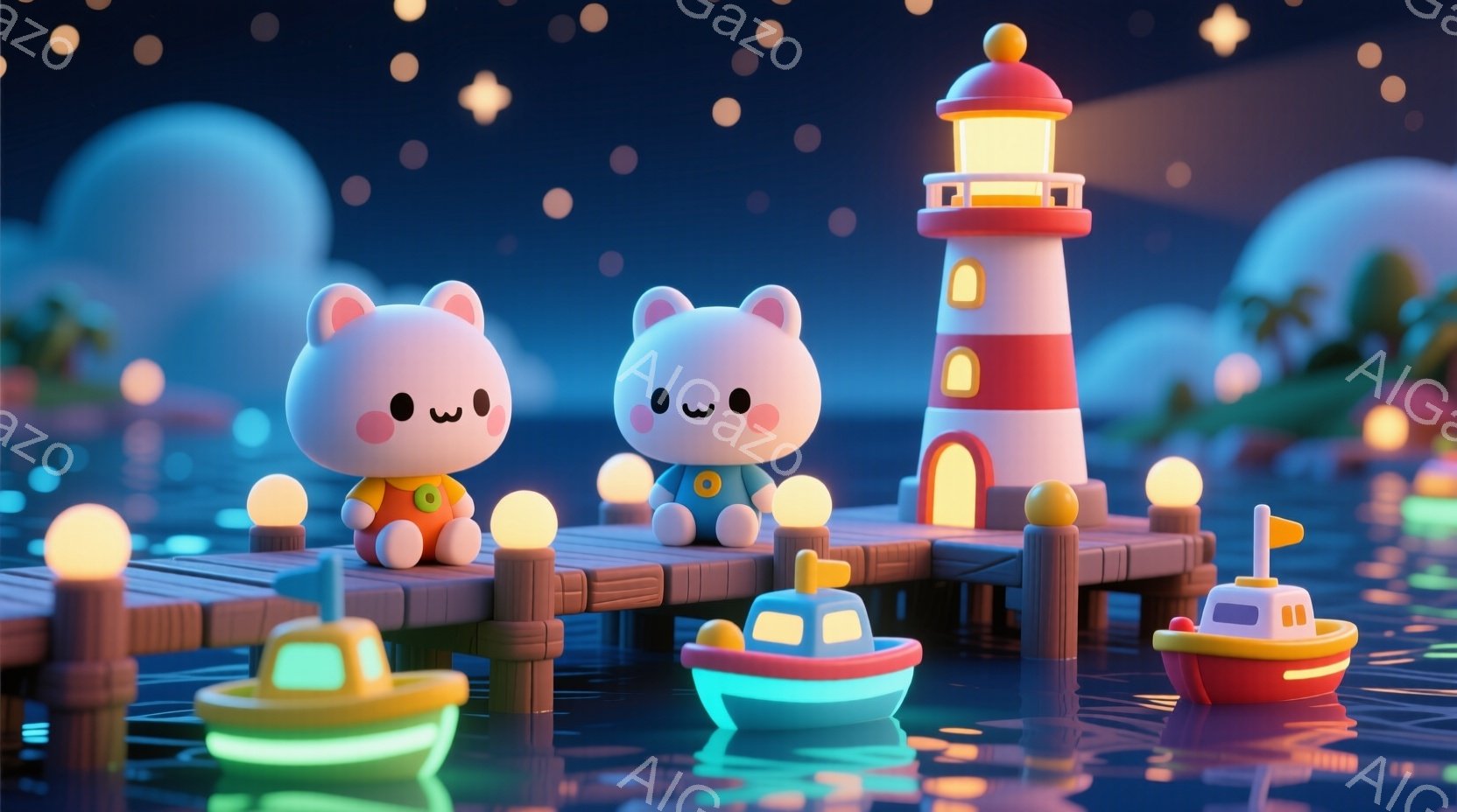 桟橋の上には、可愛らしいピンク色のクマのぬいぐるみが2匹並んで立っています。それぞれオレンジ色のベストを着ており、丸い顔には控えめな笑顔が浮かんでいます。背景には、明るい灯台と、水面に反射するカラフルな小舟が浮かび、夜空には星が散りばめられ、幻想的な雰囲気を醸し出しています。
