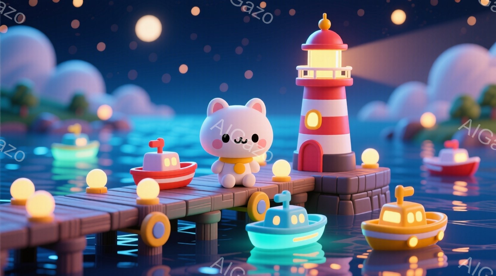 暖かく優しい雰囲気のイラストで、可愛らしいクリーム色の小動物が灯台のそばに立っています。その動物は赤いスカーフを巻き、嬉しそうな表情で両手を前に出して何かを見ているようです。背景には、柔らかい色合いの波と、星空が広がり、穏やかな夜の海を表現しています。