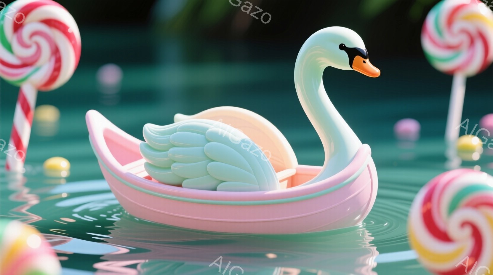 白い鳥がピンク色のボートのような乗り物に乗って水面を漂っている。周囲にはカラフルな棒付きキャンディーが浮かび、水面には光の反射がキラキラと輝いている。全体的に夢幻的で可愛らしい、おとぎ話のような雰囲気が漂っている。