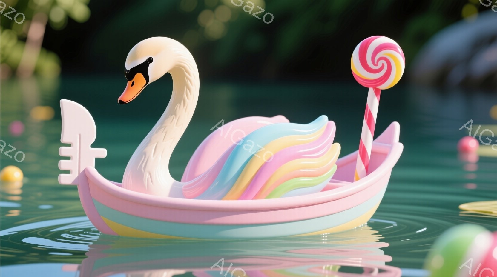 明るい水面の上に、虹色に輝くユニコーンの形をしたボートが浮かんでいます。その先端にはキャンディが突き出ており、まるで夢のような可愛らしい光景です。背景は緑豊かな自然で、水面に映る光が幻想的な雰囲気を醸 - AI生成フリー素材