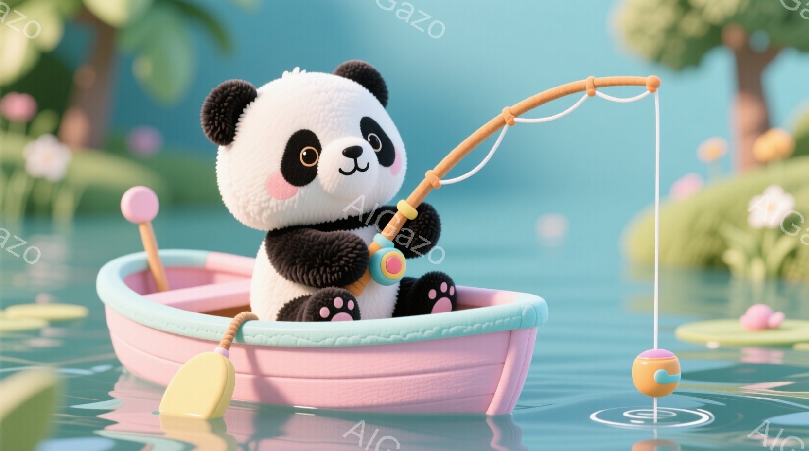 ふわふわのパンダが、ピンク色の小さなボートに乗って釣りを楽しんでいます。パンダは黒い目と鼻、つぶらな頬で愛らしい表情をしており、集中して釣竿を握っています。背景には水面と緑の植物が見え、穏やかで平和な - AI生成フリー素材