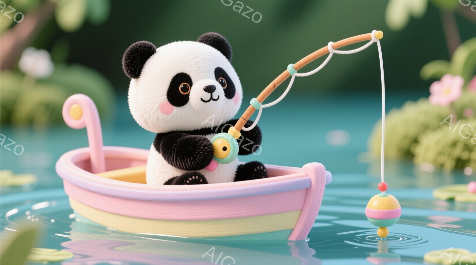 ふわふわのパンダが、ピンク色の小さなボートに乗って釣りを楽しんでいます。パンダはつややかな黒い目と、かわいらしい表情で、リラックスした様子が伺えます。背景には水面と緑豊かな植物があり、穏やかで平和な雰 - AI生成フリー素材