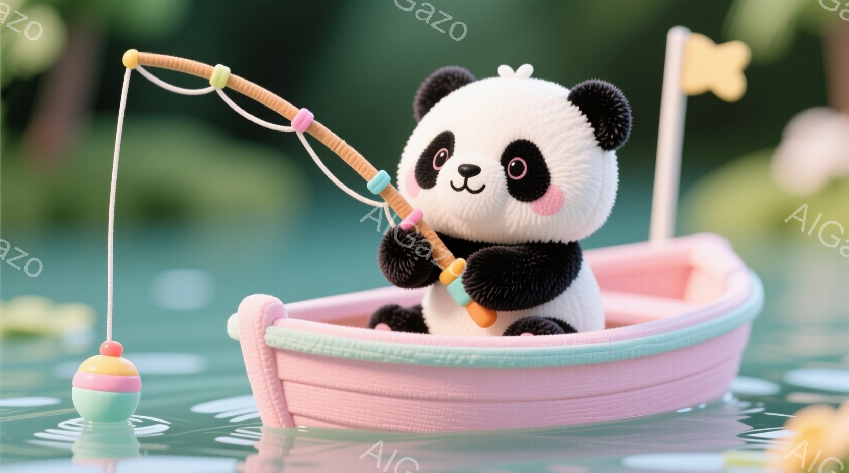 ふわふわのパンダが、ピンク色の小さなボートに乗って釣りをしています。パンダは赤い帽子をかぶり、とても楽しそうな表情で釣竿を握っています。背景は穏やかな水面で、ボートには旗が立てられ、全体的に可愛らしく - AI生成フリー素材