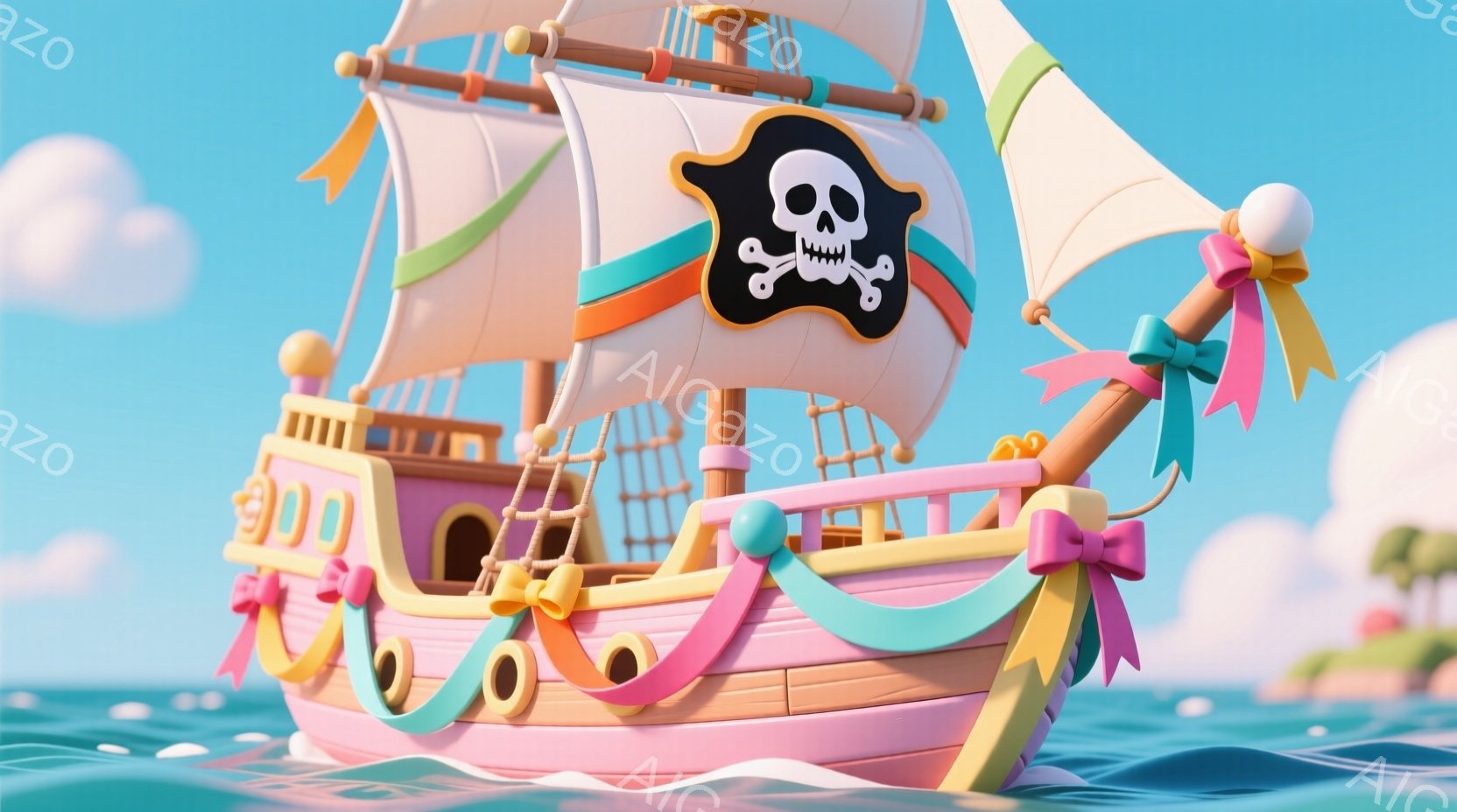 明るいピンク色の可愛らしい船が、穏やかな青い海の上を航行しています。船首にはカラフルなリボンが飾られ、帆には海賊旗が描かれています。背景には、緑豊かな島々とふわふわとした雲が見え、全体的に夢のような、遊び心のある雰囲気が漂っています。