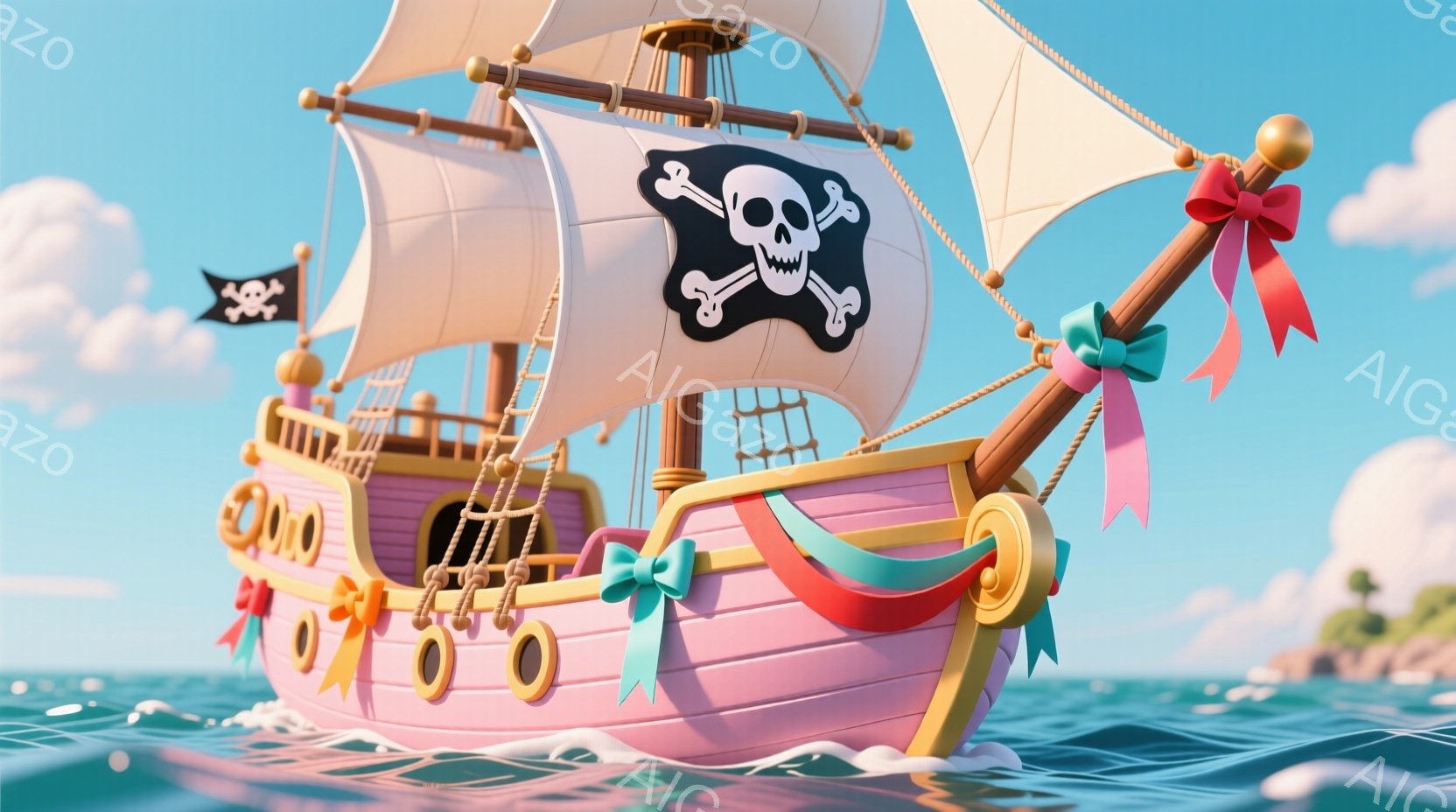 鮮やかなピンク色の可愛らしい帆船が、穏やかな青い海の上を航行している。船首にはカラフルなリボンが飾られ、帆にはドクロのマークが描かれているのが特徴的だ。背景には緑の島と、青い空と白い雲が広がり、全体的に明るく、遊び心のある雰囲気である。