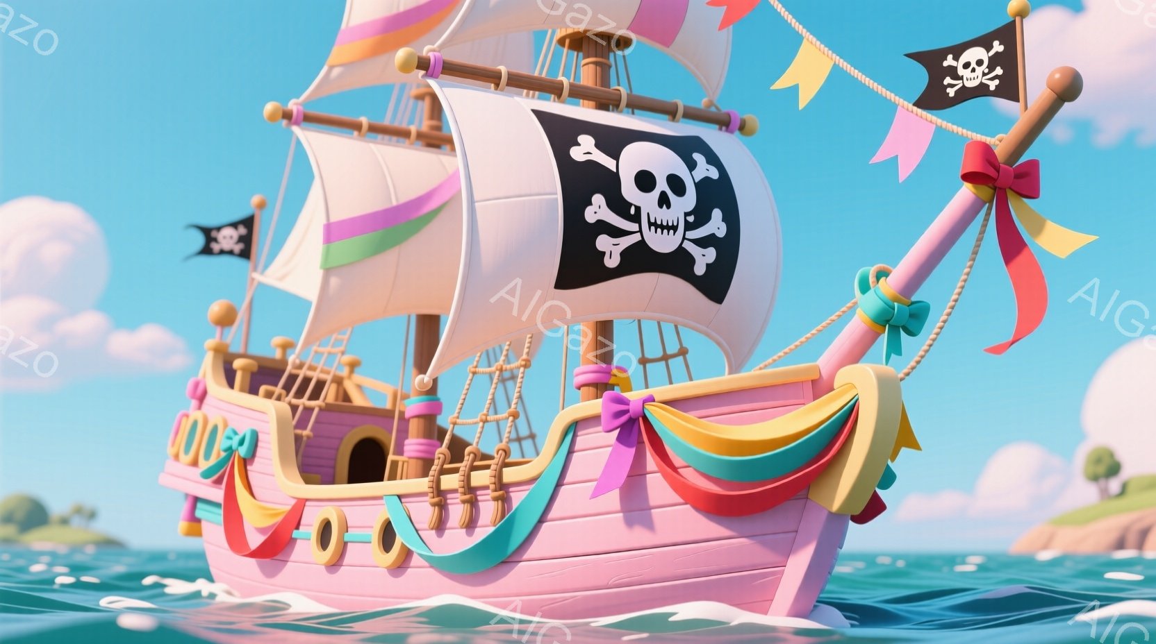 明るいピンク色の可愛らしい帆船が、穏やかな青い海の上を航行している。船にはカラフルな装飾が施され、マストには海賊旗が掲げられている。背景には緑の島々と、ふんわりとした雲が広がり、全体的に明るく楽しい雰囲気を醸し出している。