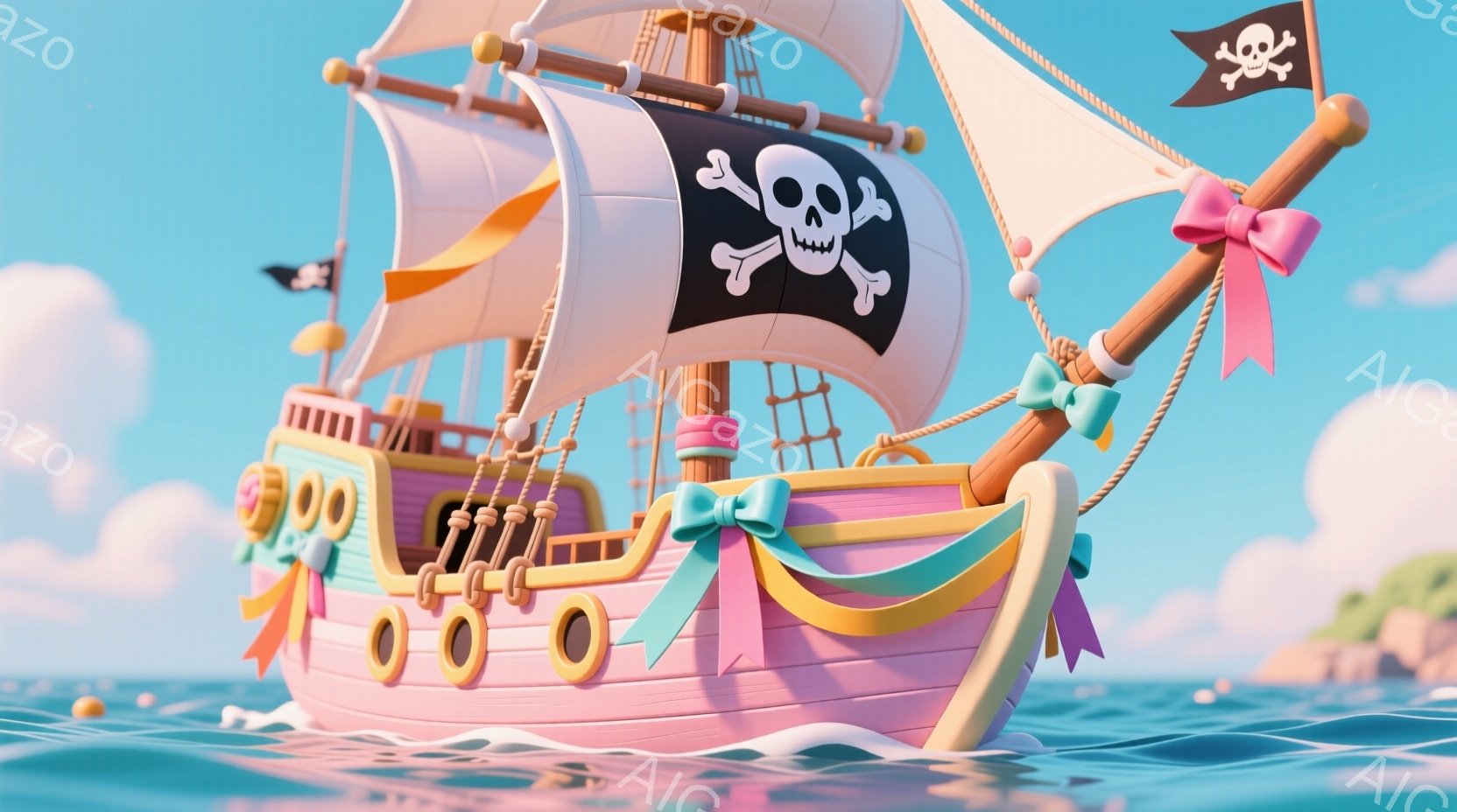 明るいピンク色の帆船が、穏やかな青い海の上を航行している。船にはカラフルな装飾が施され、帆にはドクロマークが描かれている。背景には緑の島々と白い雲が広がり、晴れた日の穏やかな海上の雰囲気を醸し出している。