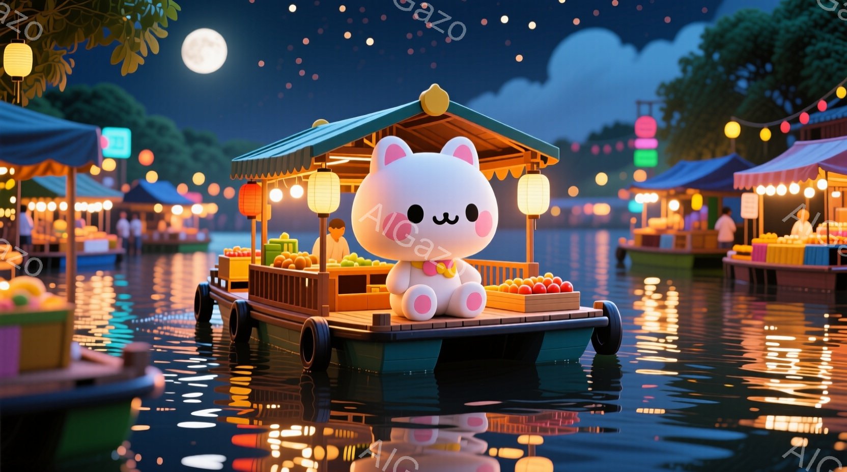 夜の運河に浮かぶ可愛らしいロボットのようなキャラクターが、果物でいっぱいの屋台を経営しています。キャラクターはピンク色の体に短い足、丸い顔をしており、赤いバンダナを締めています。背景には他の屋台が並び、水面に灯りが反射して幻想的な雰囲気を醸し出しています。