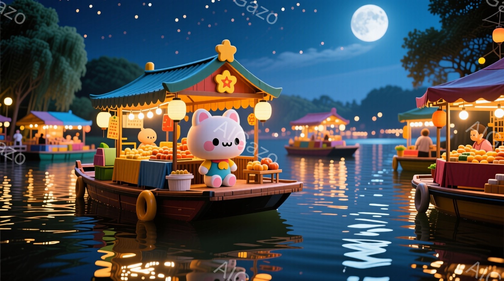 舟の上でオレンジ色の果物が並んだ可愛らしい光景です。中央の舟には、ピンク色のウサギのキャラクターが立っており、つぶらな瞳と微笑みが印象的です。背景には、夜空に浮かぶ満月と、水面に映る光が幻想的な雰囲気を醸し出しています。