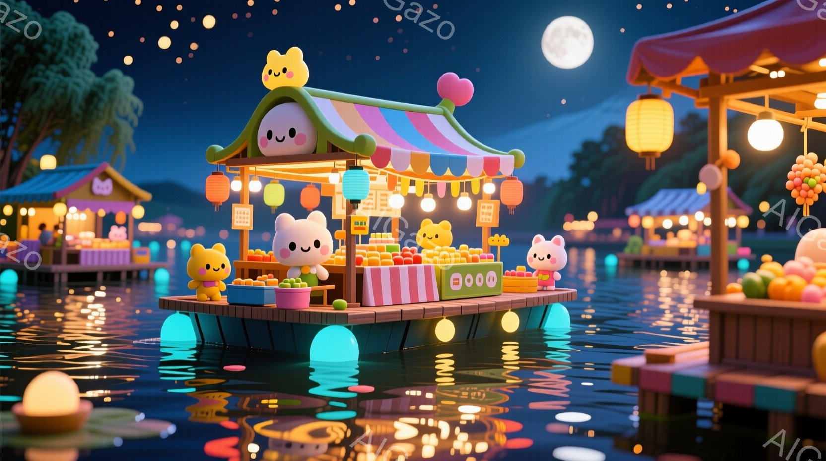 夜の運河に、可愛らしい動物のキャラクターが屋台を浮かべている様子が描かれています。屋台には色とりどりの果物や食べ物が並べられ、温かい光が水面に反射して幻想的な雰囲気を醸し出しています。背景には、ぼんや - AI生成フリー素材