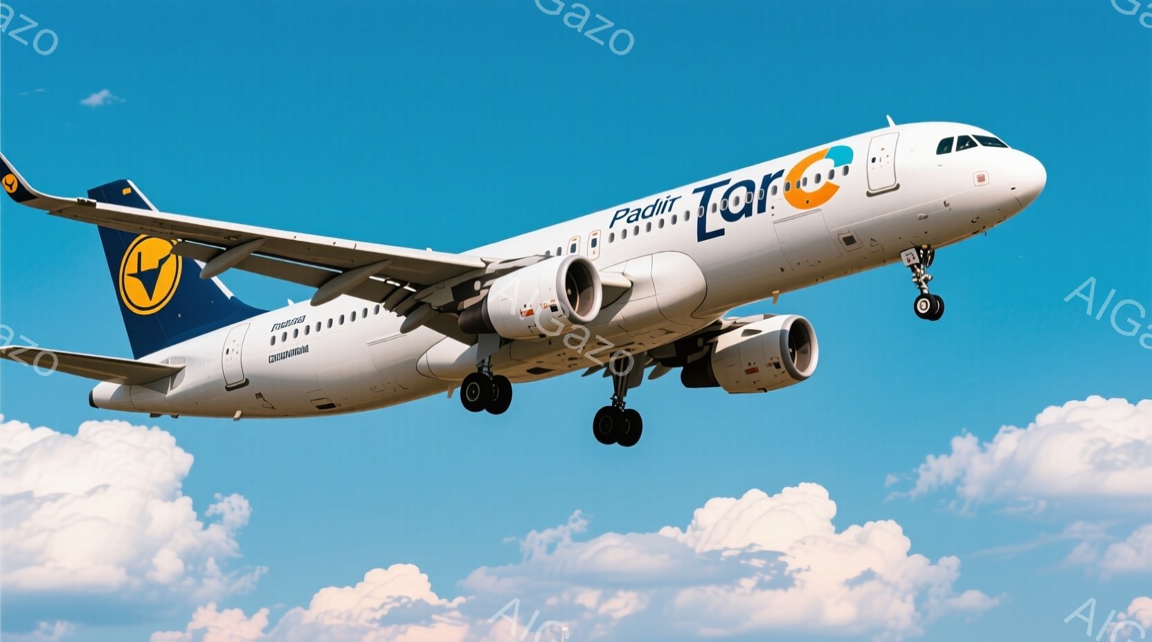 青空を背景に、ターキッシュ航空の子会社であるオンウル航空の飛行機が描かれています。機体は白を基調とし、鮮やかなターコイズブルーのストライプと「OnurAir」のロゴが特徴的です。雲が浮かぶ空と機体のコ - AI生成フリー素材