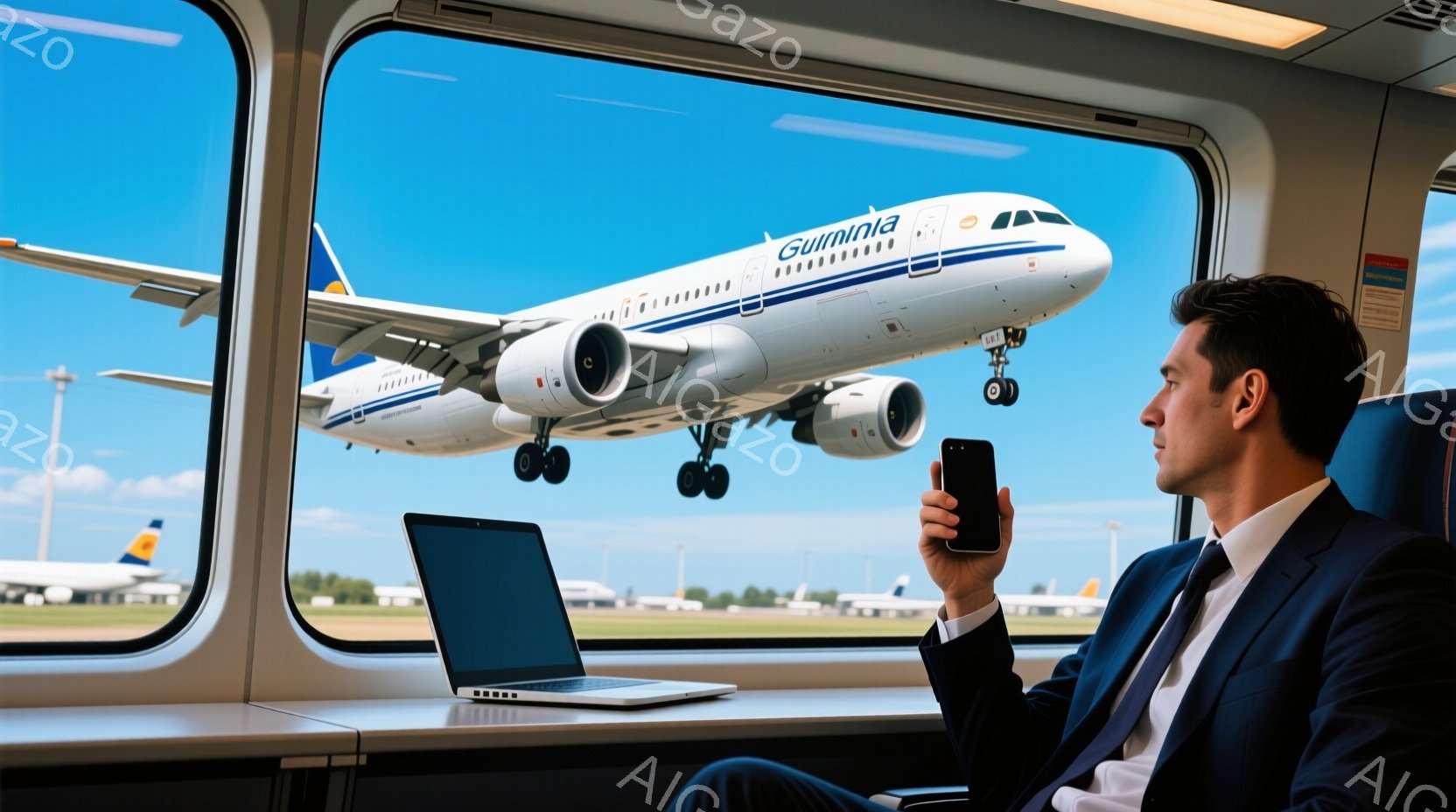 窓際の座席に座る男性は、紺色のスーツを着ており、短く整えられた髪型をしている。彼はスマートフォンを片手に持ち、リラックスした表情で外を眺めている。背景には、滑走路で離陸する飛行機と、青空と緑の草原が広 - AI生成フリー素材