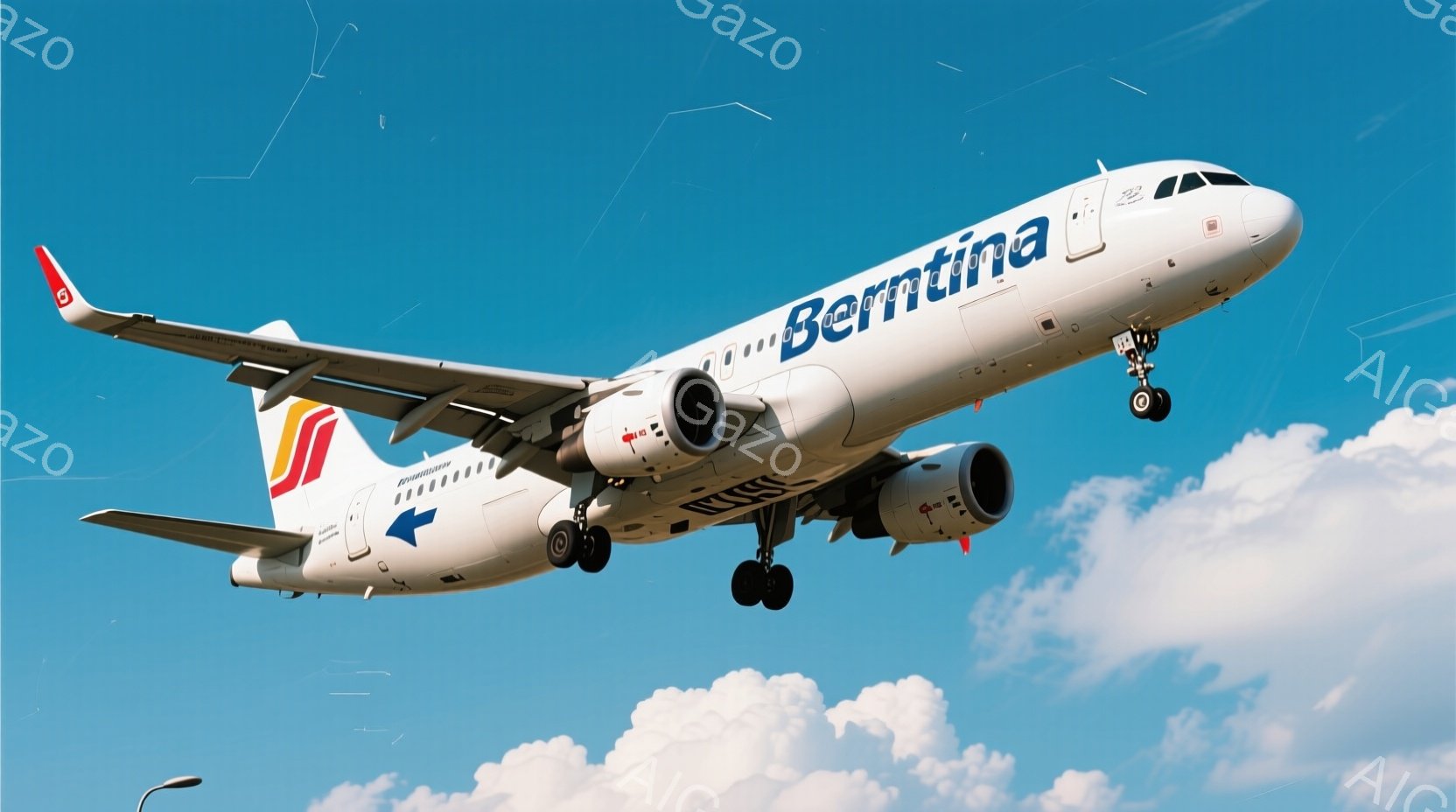 白い機体に青いラインとロゴが入った飛行機が、雲の上に高く舞い上がっている様子が捉えられています。機体には「Bernina」という文字とカラフルなデザインが描かれており、青空と白い雲が広がる晴天の下、活気ある飛行の瞬間を切り取っています。背景は明るく、飛行機が空を飛ぶ様子が強調され、爽やかな雰囲気を醸し出しています。