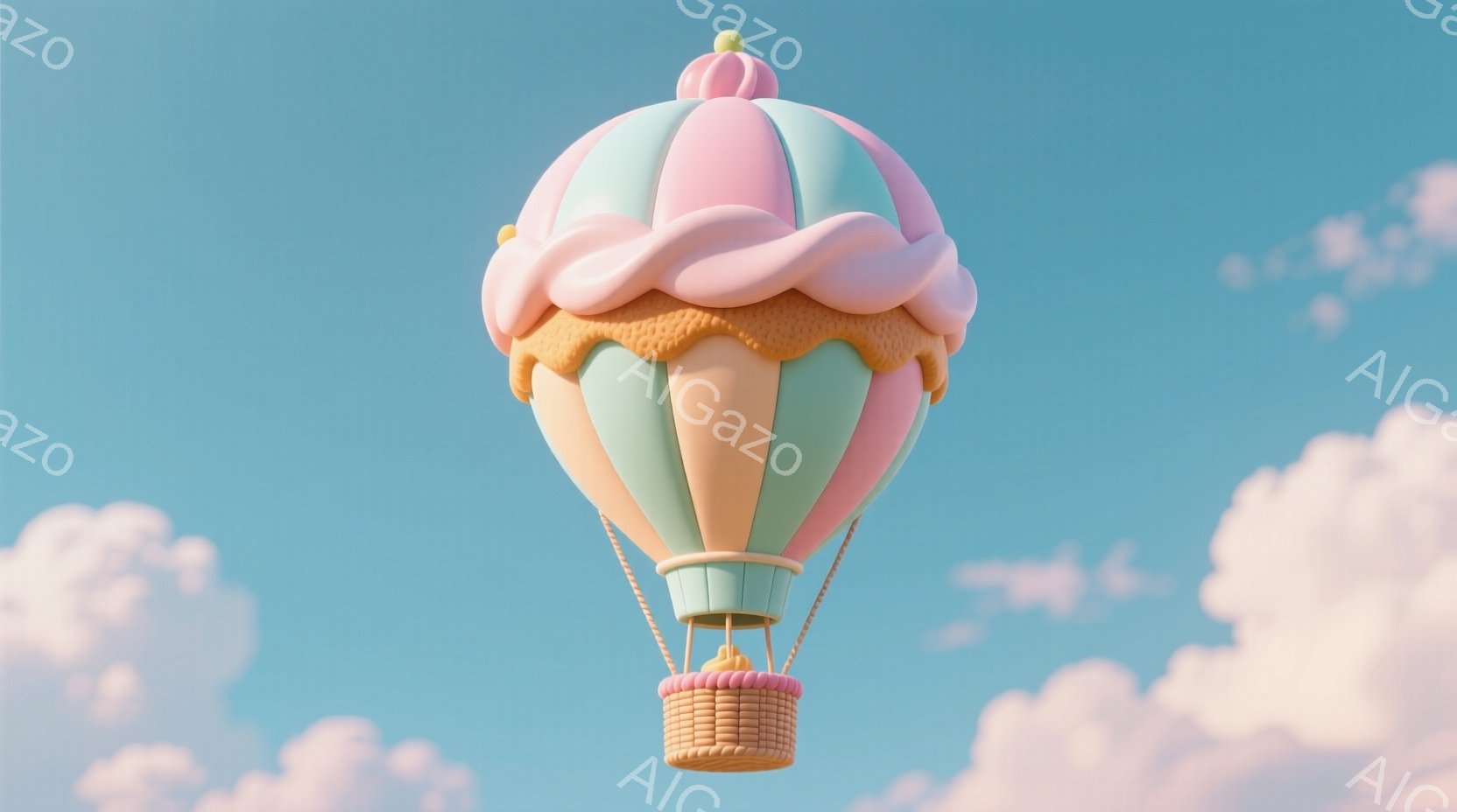 空には、パステルカラーのホットエアバルーンが浮かんでおり、バルーンはアイスクリームのような形をしています。バルーン本体は、淡いピンク、オレンジ、水色のストライプで構成され、上部はクリームを模した装飾が - AI生成フリー素材