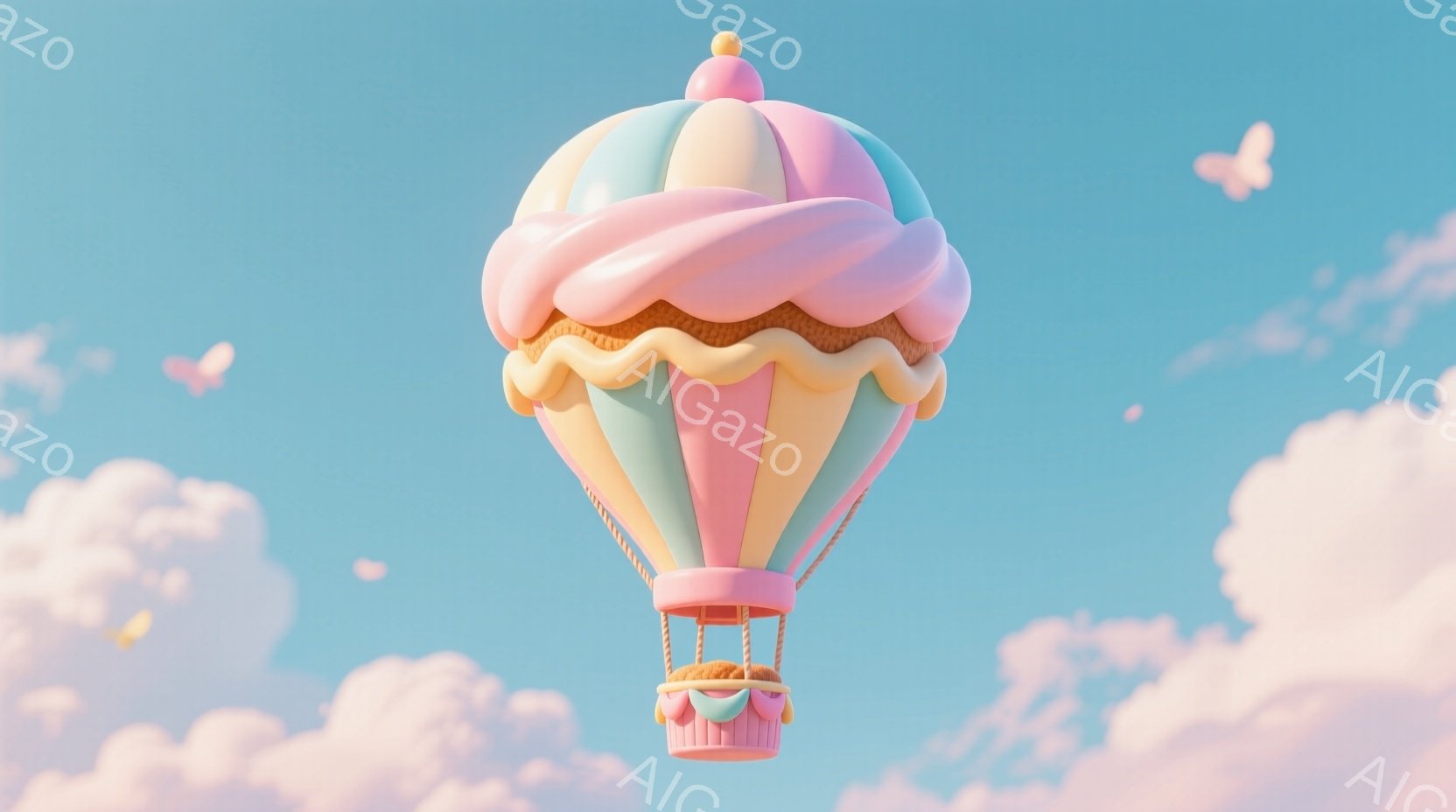 空には、クリーム色がかったピンクとパステルブルーのストライプが特徴的な、巨大なカップケーキ型の熱気球が浮かんでいます。かご部分は茶色で、中には何かの詰め物が少し見えます。背景は淡いピンクと白の雲が広が - AI生成フリー素材