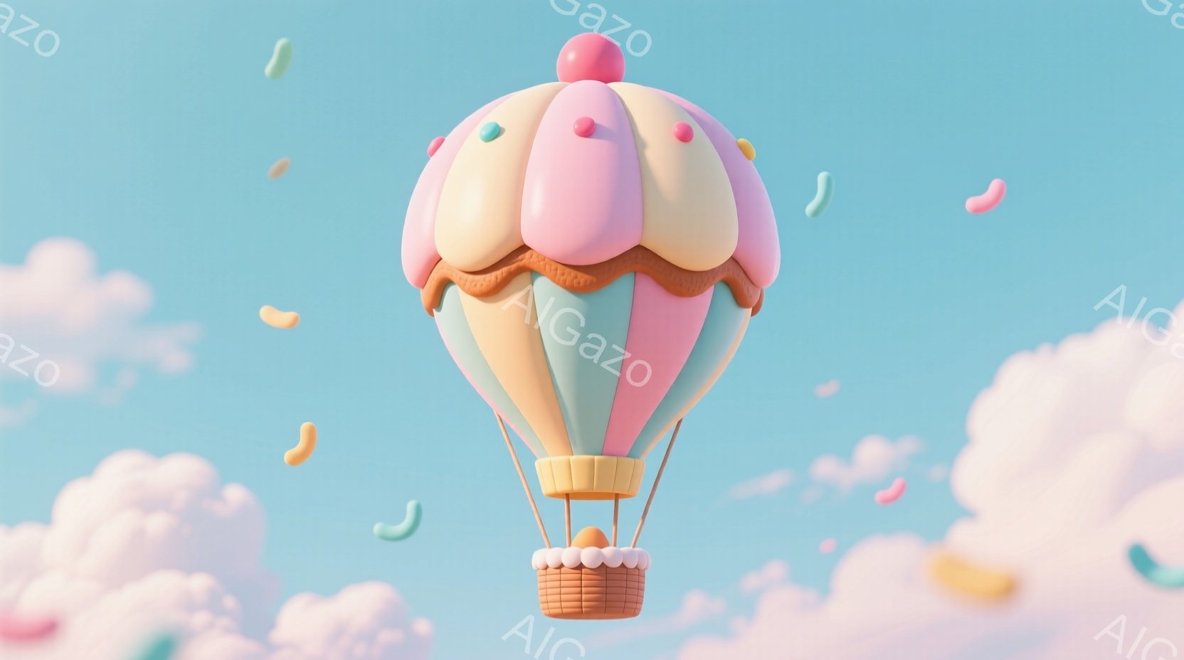 空にはパステルカラーのホットエアバルーンが浮かんでおり、バルーンはピンク、オレンジ、ミントグリーンのストライプで覆われています。バスケットは茶色で、中にいくつかの白い物体が入っているように見えます。背景はふわふわとした白い雲と、散らばるように浮かぶ黄色いお菓子で、全体的に夢のような、甘い雰囲気です。