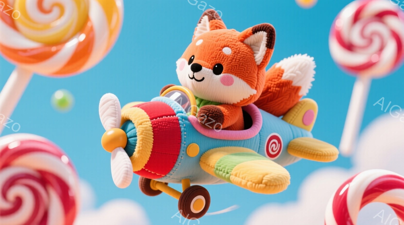 鮮やかな空色を背景に、キツネがパイロットの格好で、手作りのような赤い飛行機に乗って空を飛んでいます。キツネは丸い顔で、にっこり笑顔を浮かべ、茶色の毛並みが特徴的です。背景には、巨大なキャンディが浮かび、雲のように見え、全体的に夢のような、遊び心溢れる雰囲気です。