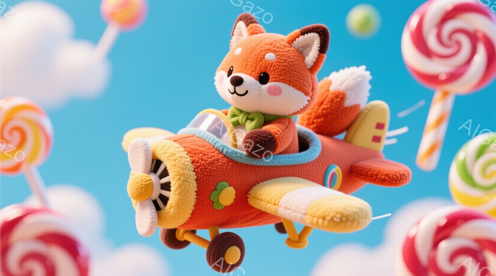 オレンジ色のふわふわした飛行機に乗ったキツネが描かれています。キツネは緑色のリボンと茶色の帽子を身につけ、嬉しそうな表情で前方を向いています。背景にはキャンディや雲が浮かび、明るく楽しい雰囲気を醸し出 - AI生成フリー素材