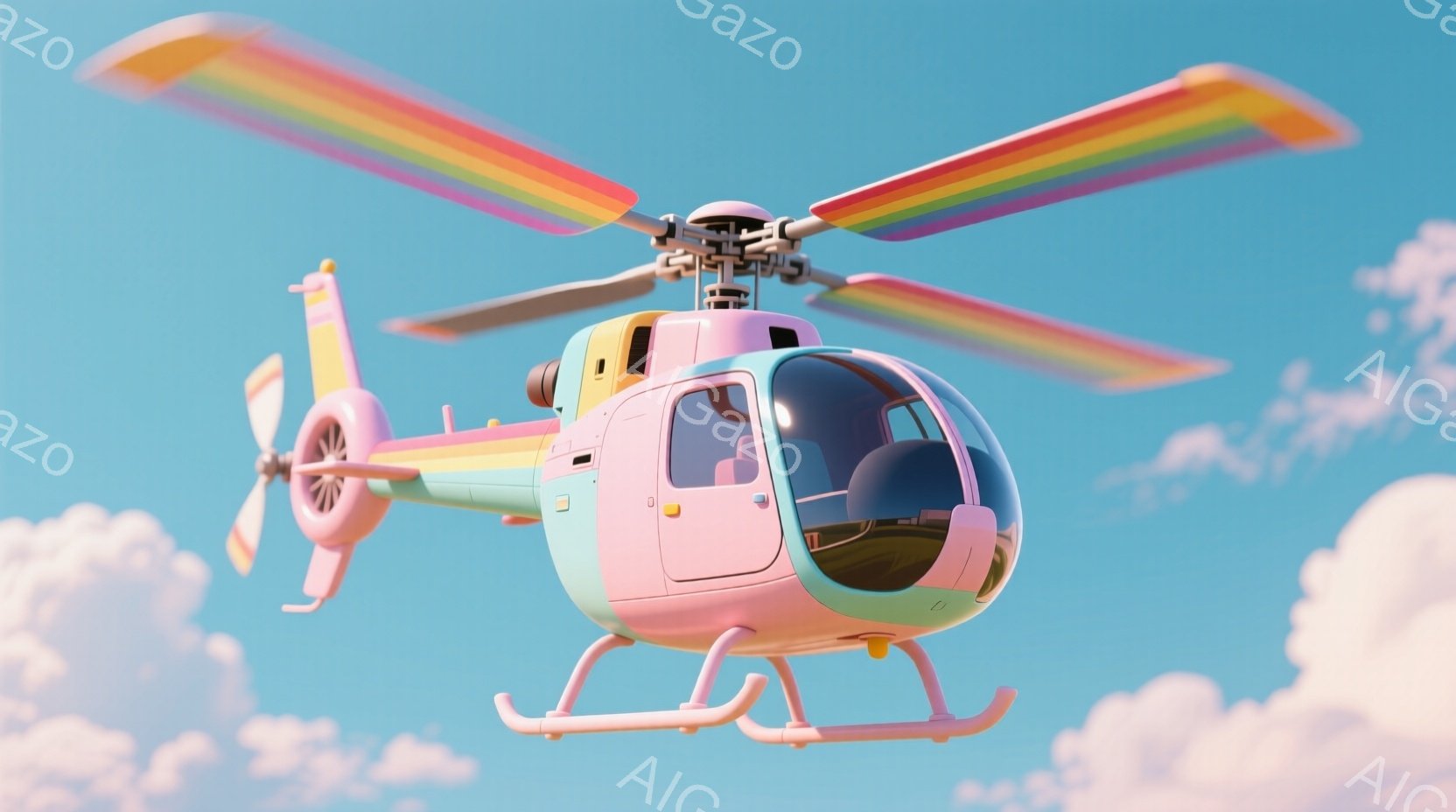 淡いピンク色のヘリコプターが青空と白い雲の中に浮かんでいます。機体は、ピンク、緑、黄色、青とグラデーションがかかったカラフルな配色で、可愛らしい印象を与えます。プロペラは虹色で、遊び心あふれる雰囲気を醸し出しています。