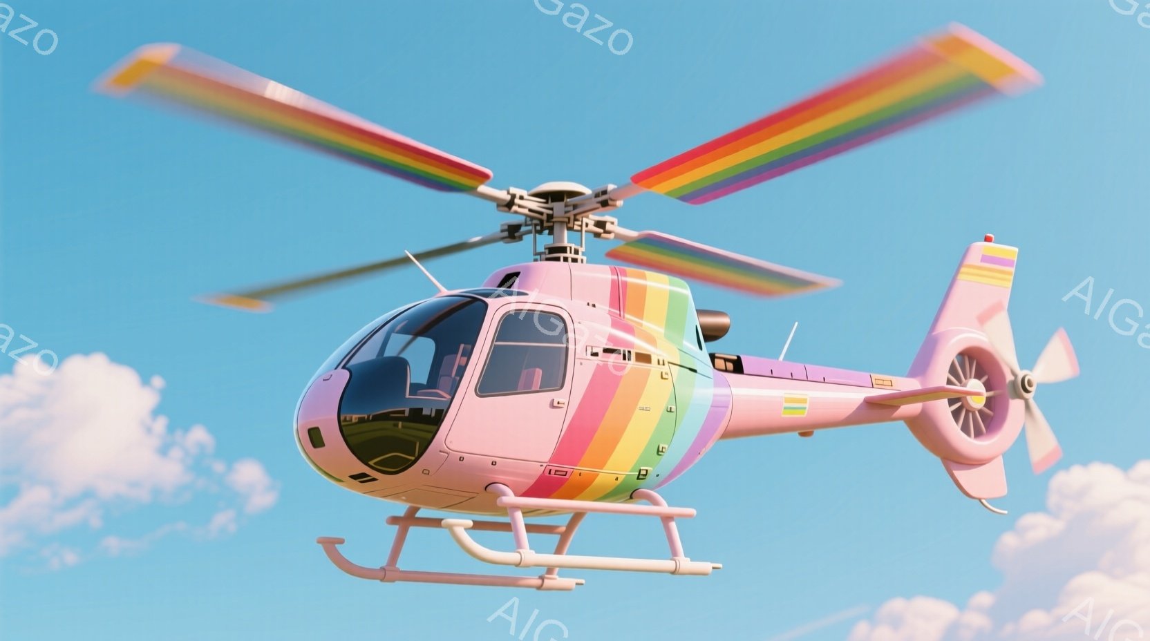 明るい青空を背景に、虹色の塗装が施されたピンク色のヘリコプターが飛行しています。機体は鮮やかな色で彩られ、プロペラは回転しており、空中で静止しているように見えます。背景には白い雲が浮かび、全体的に明るく軽やかな雰囲気です。