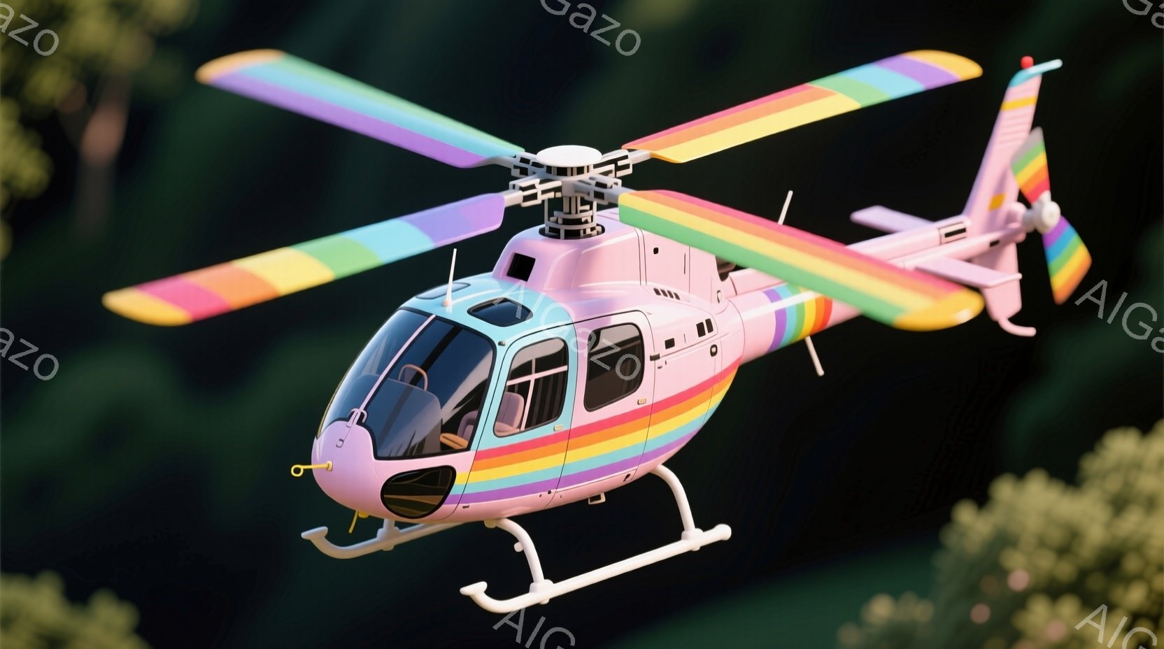 鮮やかなピンク色のヘリコプターが空を飛んでいる様子が描かれています。プロペラは虹色に彩られており、機体には細いラインがアクセントとして施されています。背景は緑豊かな木々で、全体的に明るく、遊び心のある雰囲気が漂っています。