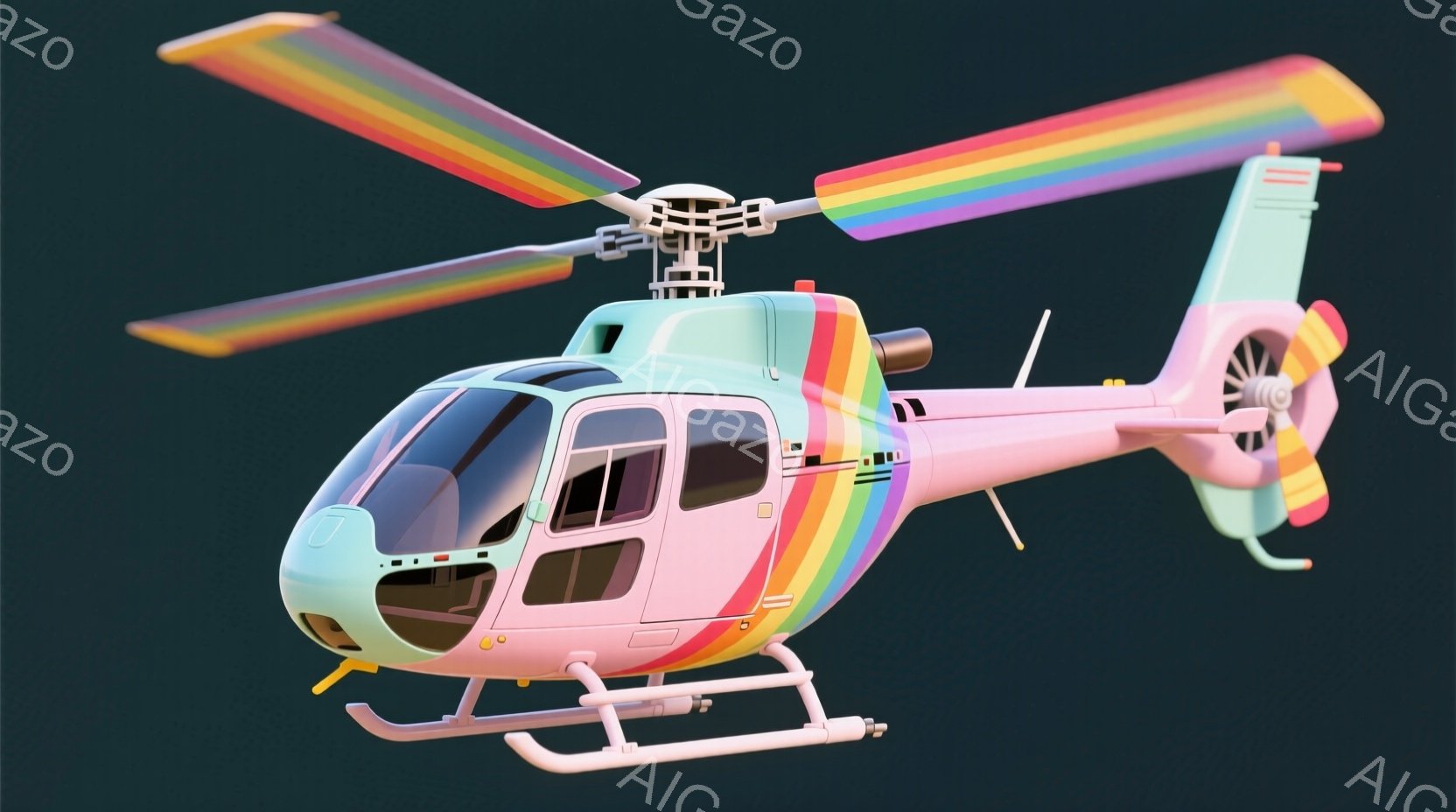 鮮やかなピンク色のヘリコプターが、虹色に輝くプロペラを回転させて空中に静止しています。機体にはオレンジ、黄色、緑、青、紫のストライプが施され、全体的にパステルカラーで統一されています。背景は暗い緑色で、ヘリコプターが際立っており、夢のような雰囲気を醸し出しています。