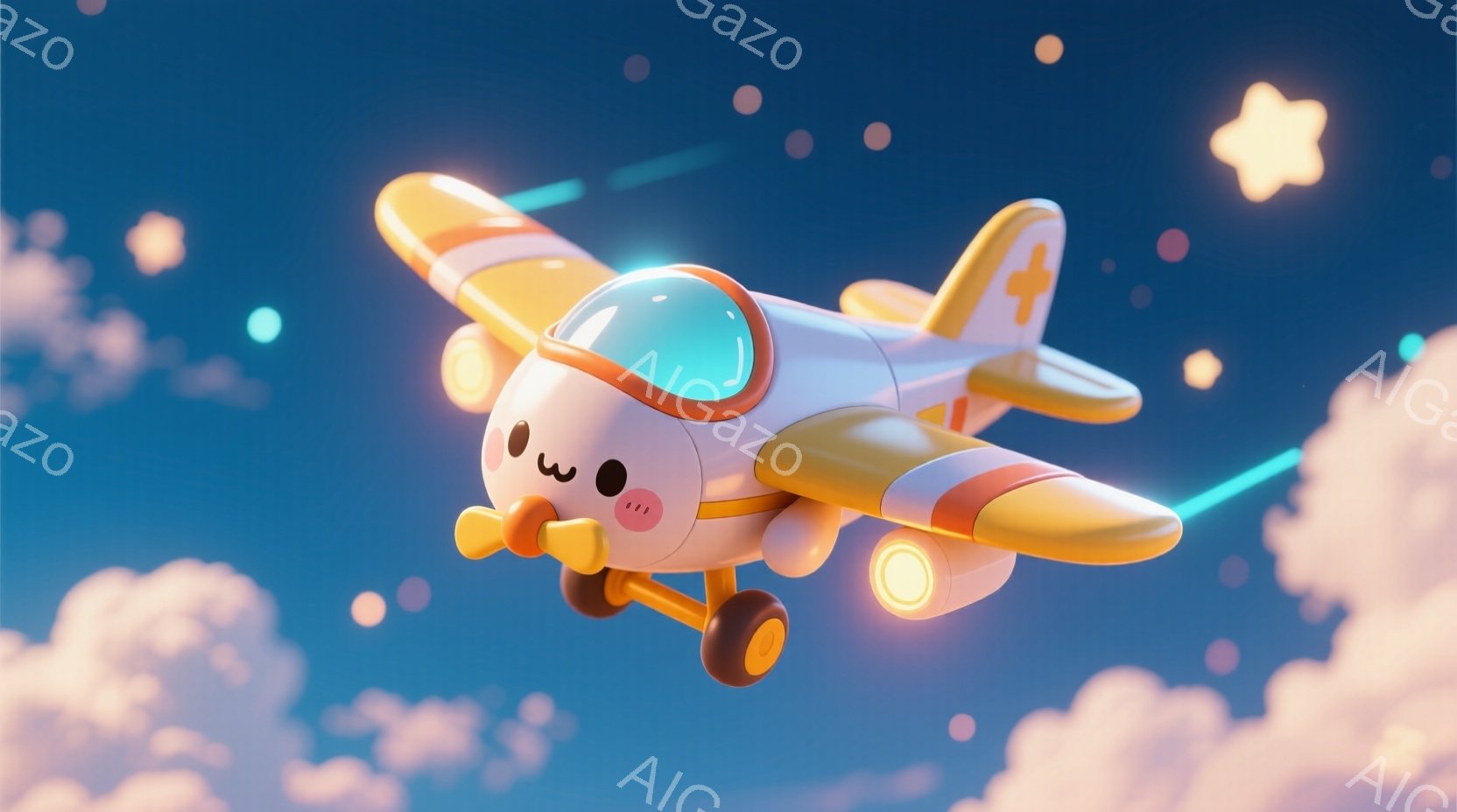 白地に黄色のラインが入った可愛らしい小型飛行機が、雲と星空を背景に飛んでいる様子が描かれています。飛行機には可愛らしい顔が描かれており、まるで生きているかのような表情を見せています。全体的にパステルカラーで柔らかい雰囲気で、夢のような、または童話のような世界観を感じさせます。