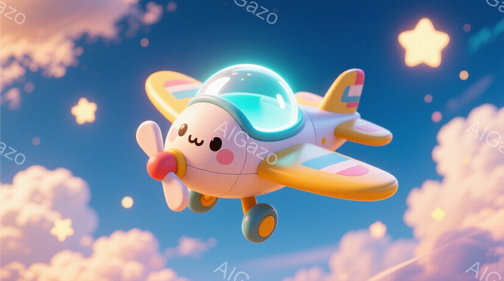 空を飛ぶ、かわいらしい白い飛行機が描かれています。ピンクのチークと、つぶらな瞳が愛らしい表情を作り出しており、全体的に柔らかいパステルカラーで構成されています。背景にはふわふわとした雲と、キラキラと輝 - AI生成フリー素材