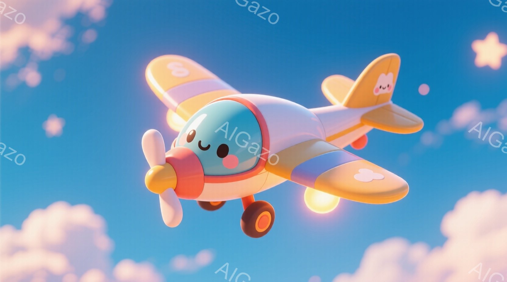 明るい青空を飛ぶ、可愛らしいカートゥーン調の飛行機を描いています。飛行機は白を基調とし、オレンジと水色のアクセントがあり、まるで生きているかのように、顔やプロペラが特徴的です。背景には、ふわふわとした雲が広がり、全体的に夢見心地で温かい雰囲気が漂っています。