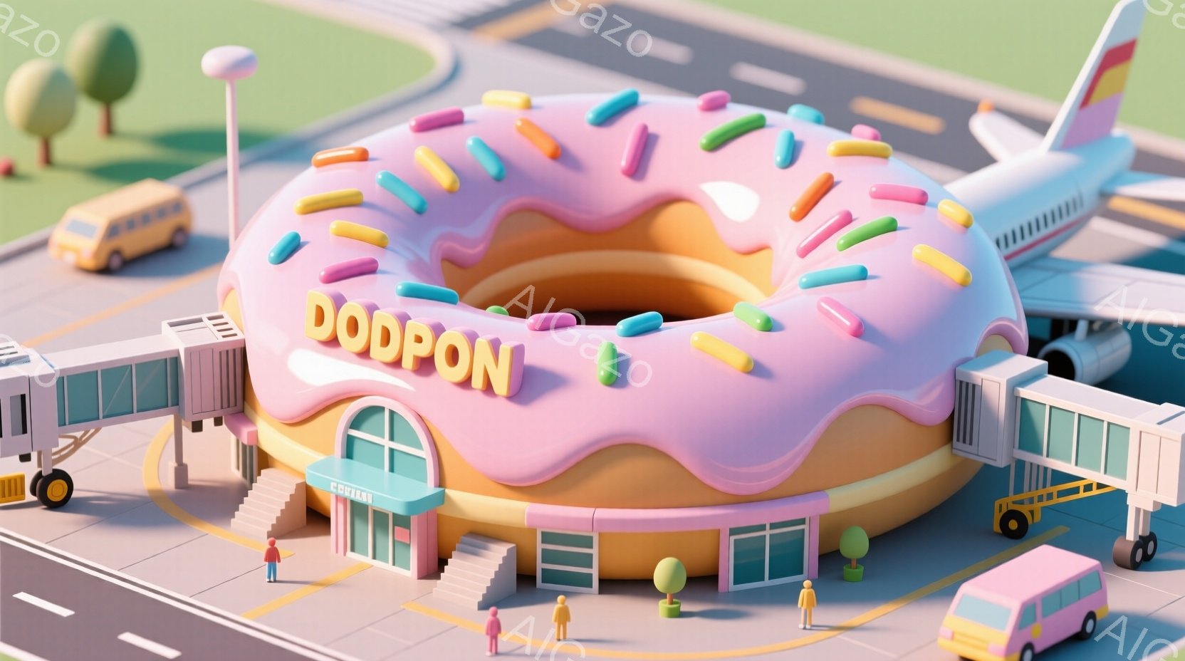 鮮やかなピンク色のドーナツが空港ターミナルを模した建物として描かれており、その上には「DOUGHNUT」という文字が書かれています。ターミナルには数人の小さな人物がおり、シンプルな服装で立っており、滑 - AI生成フリー素材