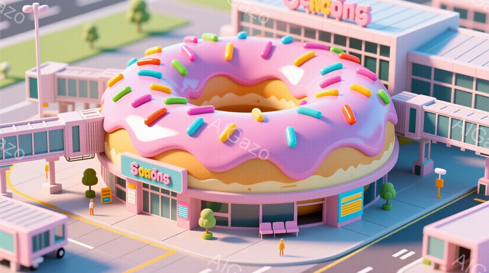 ピンク色のアイシングとカラフルなスプリンクルが施された巨大なドーナツが、建物の正面としてデザインされています。数人の小さな人物がドーナツの建物周辺を歩き、ミニチュアのような可愛らしい世界観を作り出しています。背景には、同じくミニチュア調の建物や木々が配置され、穏やかで遊び心のある雰囲気が漂っています。