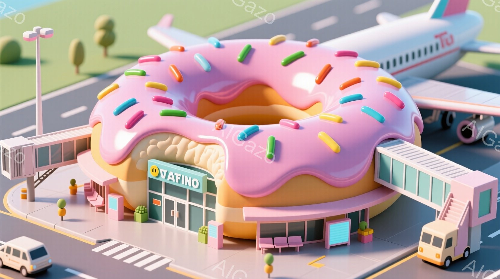カラフルなミニチュアの空港が描かれており、ターミナルビルは巨大なドーナツの形をしています。ピンク色のアイシングとカラフルなスプリンクルが施されたドーナツの空港は、青空の下、小型の車や飛行機と共に配置さ - AI生成フリー素材