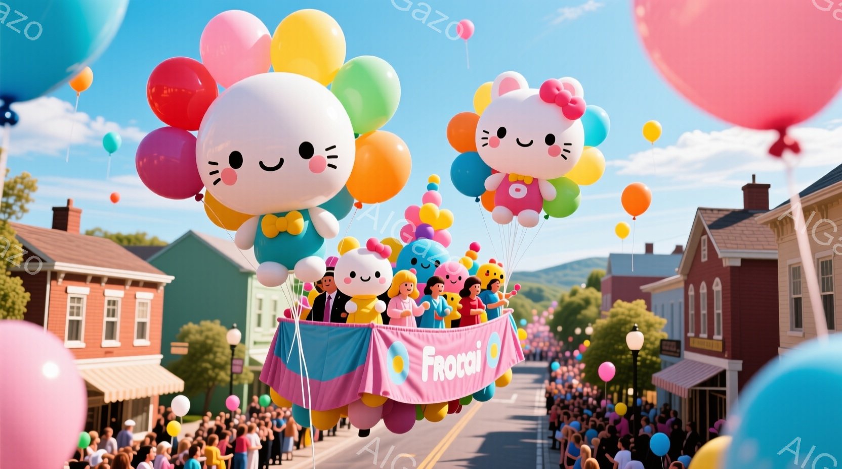 カラフルな風船がたくさん浮かび、ピンク色のフロートが街中をゆっくりと進んでいる。フロートの上には、同じデザインの可愛らしいキャラクターたちが黒い衣装を着て整列しており、楽しそうな表情をしている。背景に - AI生成フリー素材