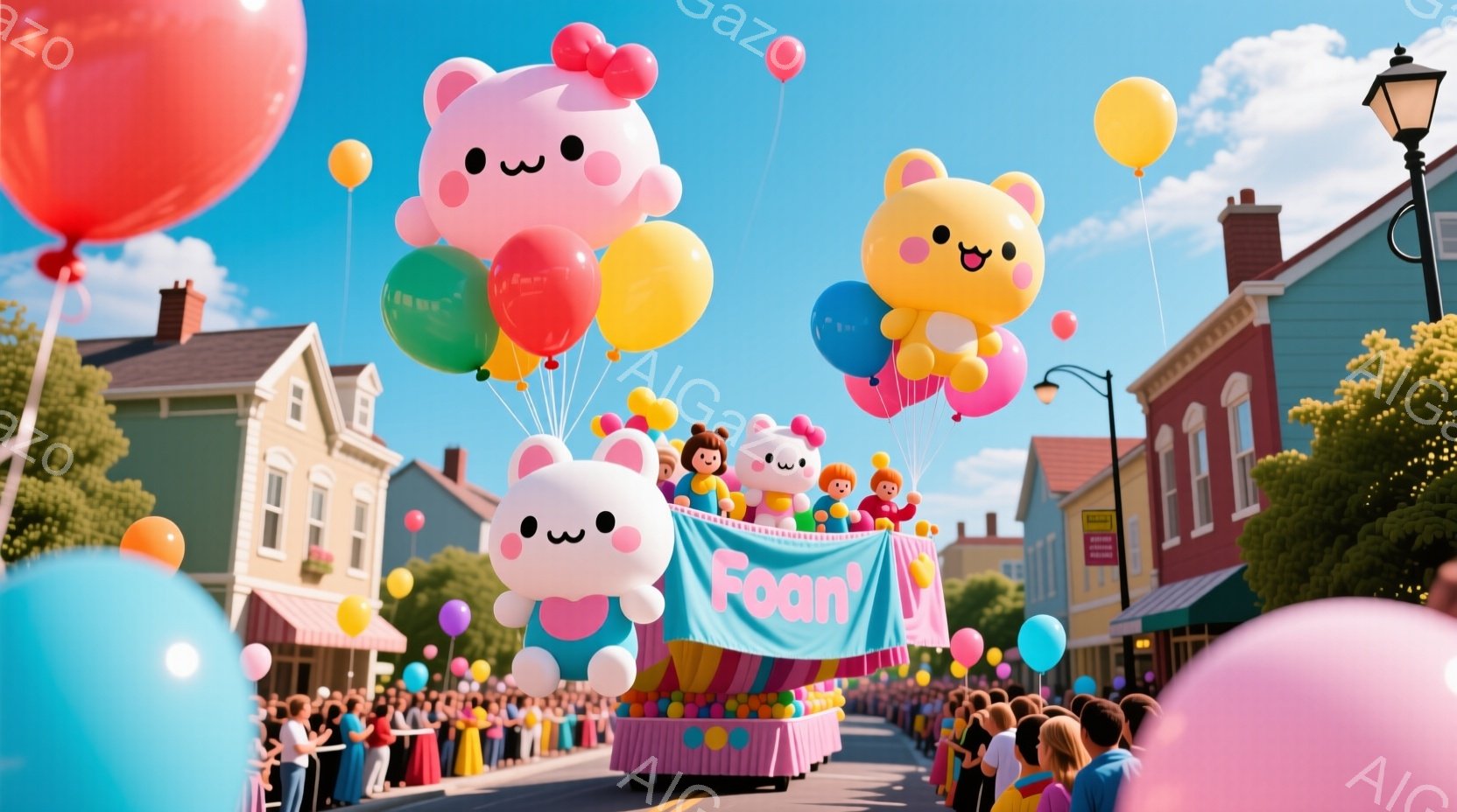 カラフルな風船が空に浮かび、パレードのフロートが通りを走っている。フロートには「Foam」と書かれたバナーがあり、かわいらしいキャラクターの人形が並んでいる。背景にはカラフルな建物が立ち並び、晴天の下、活気あふれるお祭りムードが漂っている。