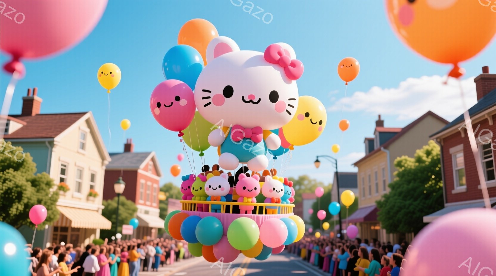 カラフルな風船で飾られた、大きな猫の形をしたフロートが街の中央を空中に浮かんでいる。背景には、レンガ造りの建物が並び、多くの人々がフロートを見上げており、賑やかなお祭りの雰囲気が漂っている。青空と緑の木々が、明るく楽しい情景をさらに引き立てている。