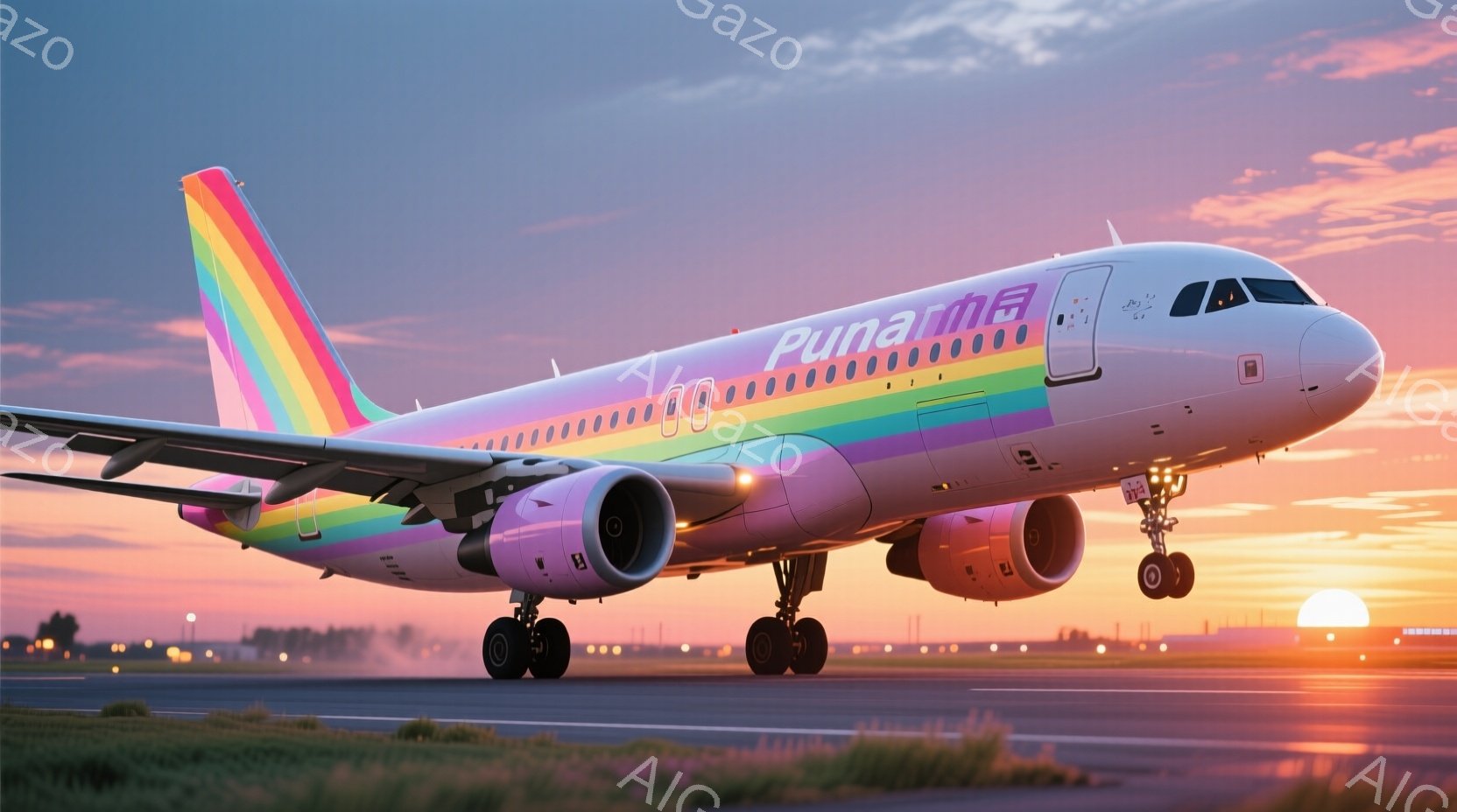 鮮やかな夕焼けを背景に、虹色に塗装された飛行機が滑走路を走行している。機体には「Puma」のロゴが大きく描かれており、オレンジ色から紫色へとグラデーションする美しい色彩が特徴的だ。滑走路の脇には緑の草が生え、遠くにはぼんやりとした光が見える、穏やかで希望に満ちた雰囲気の風景だ。