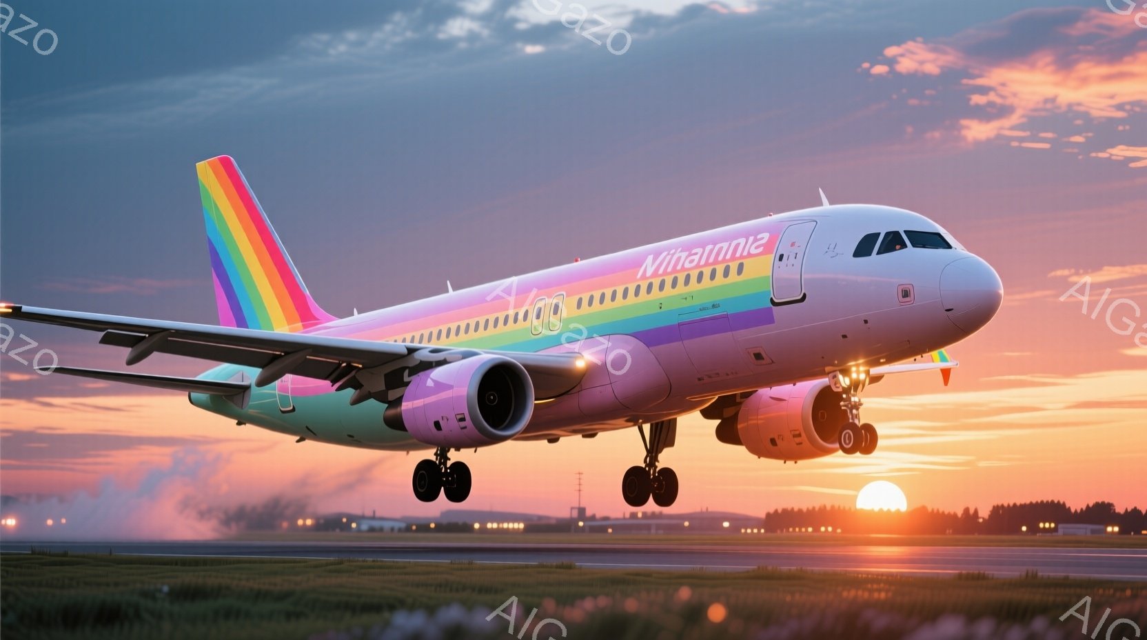 滑走路を離陸する航空機が写っており、機体には虹色のグラデーションが施されています。背景は夕焼けで、オレンジとピンクの色合いが空を染め、機体の鮮やかな色彩とコントラストを生み出しています。滑走路の脇には、ぼやけた緑色の草花が広がっており、離陸の瞬間を捉えたダイナミックな情景です。