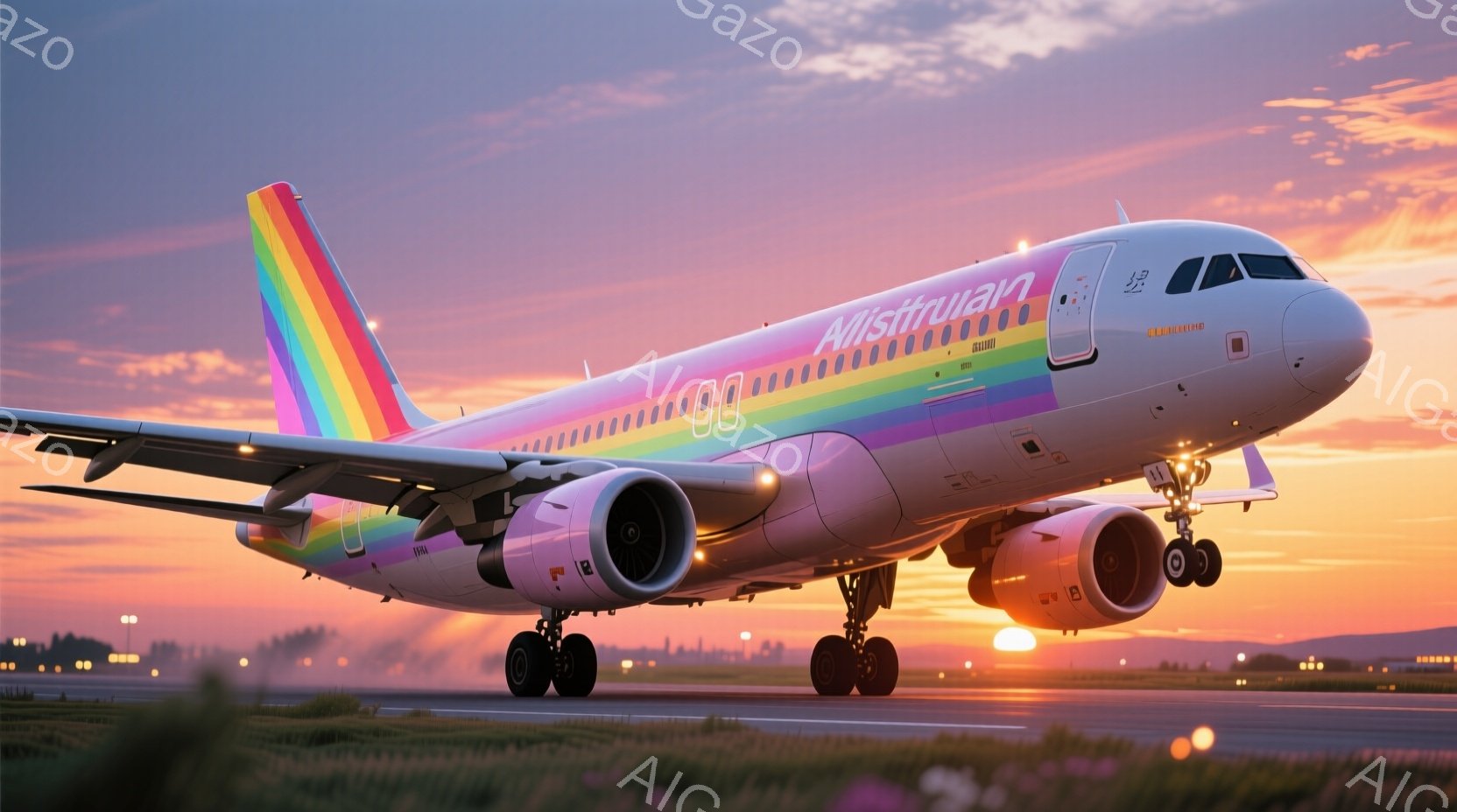 滑走路を走行する飛行機が写っている。機体は白を基調とし、虹色のストライプが特徴的で、機首には「Allistair」と書かれている。背景は夕焼け空で、オレンジとピンクの色合いが美しく、遠くには都市のシルエットが見える。