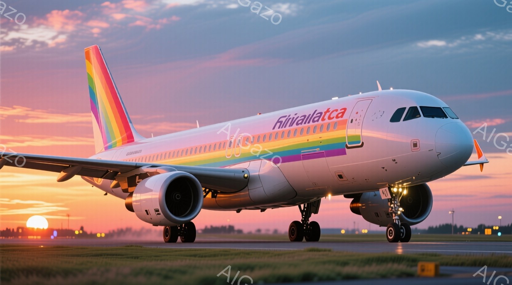 滑走路上で、カラフルなストライプが特徴的な航空機が描かれている。夕焼けの空を背景に、機体がオレンジとピンクのグラデーションの中で輝き、滑走路のライトがぼんやりと照らしている。全体的に暖かく、希望に満ち - AI生成フリー素材