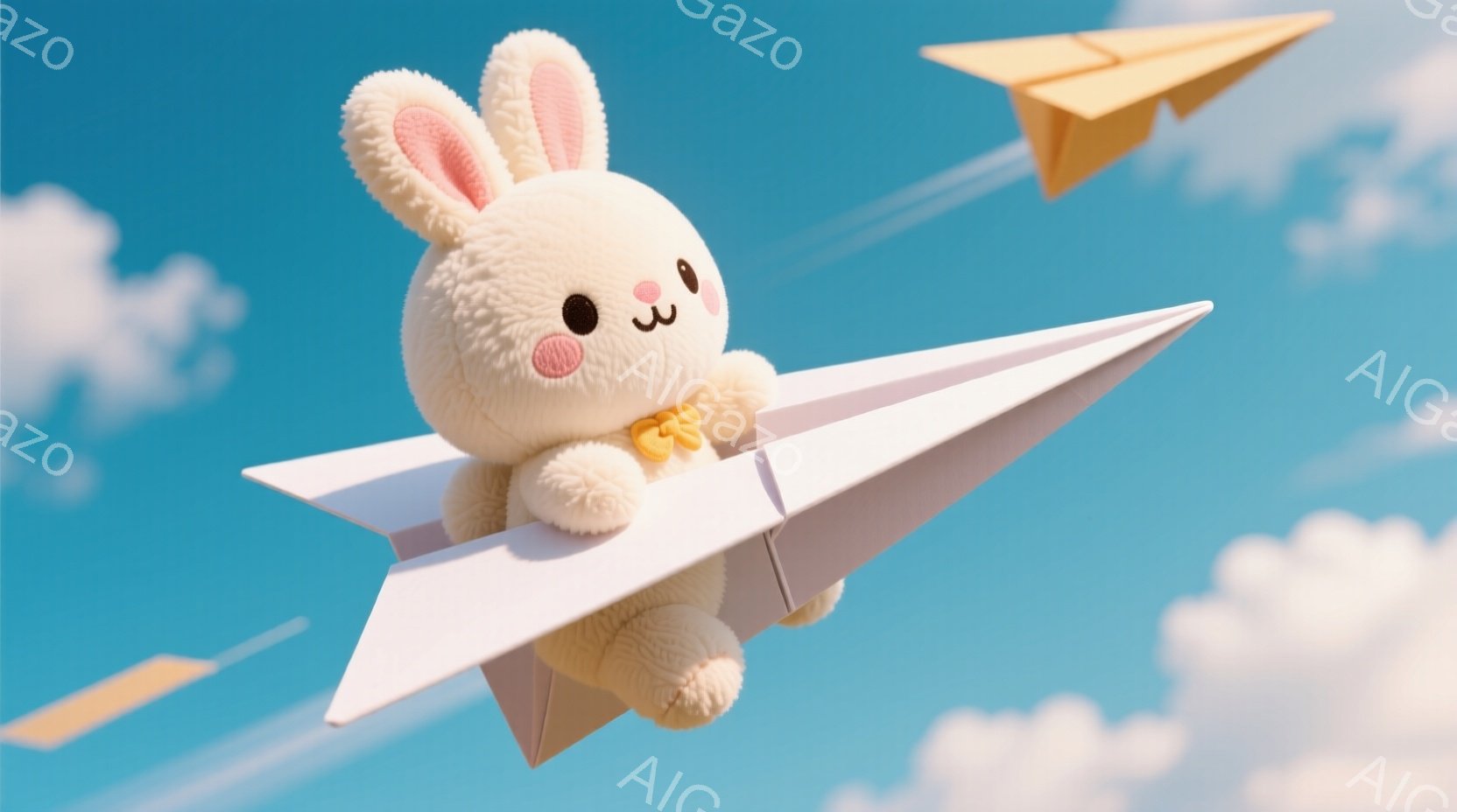 ふわふわの白いウサギのぬいぐるみが、紙飛行機に乗って空を飛んでいる様子が描かれています。ウサギはピンクの頬と可愛らしい表情で、黄色いリボンをつけています。背景には青空と白い雲が広がり、他の紙飛行機もい - AI生成フリー素材