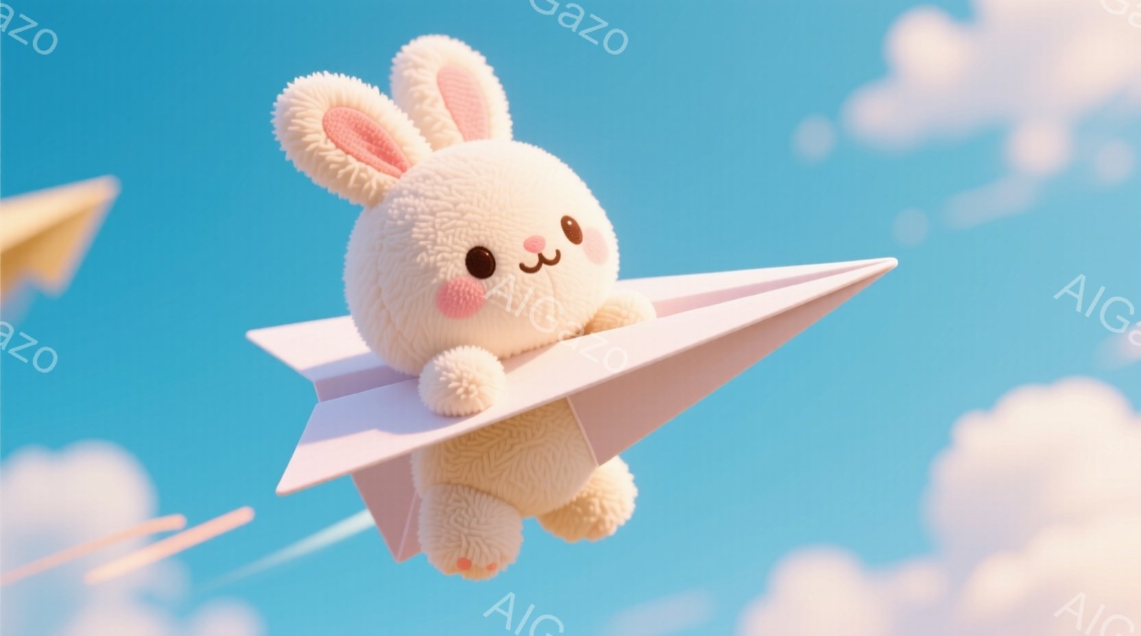 ふわふわの白い子ウサギが、ピンク色の紙飛行機に乗って青い空を飛んでいる様子が描かれている。ウサギはピンクの頬と愛らしい表情をしており、空には他の紙飛行機もいくつか見られる。全体的に明るく、夢のような、遊び心のある雰囲気が漂っている。