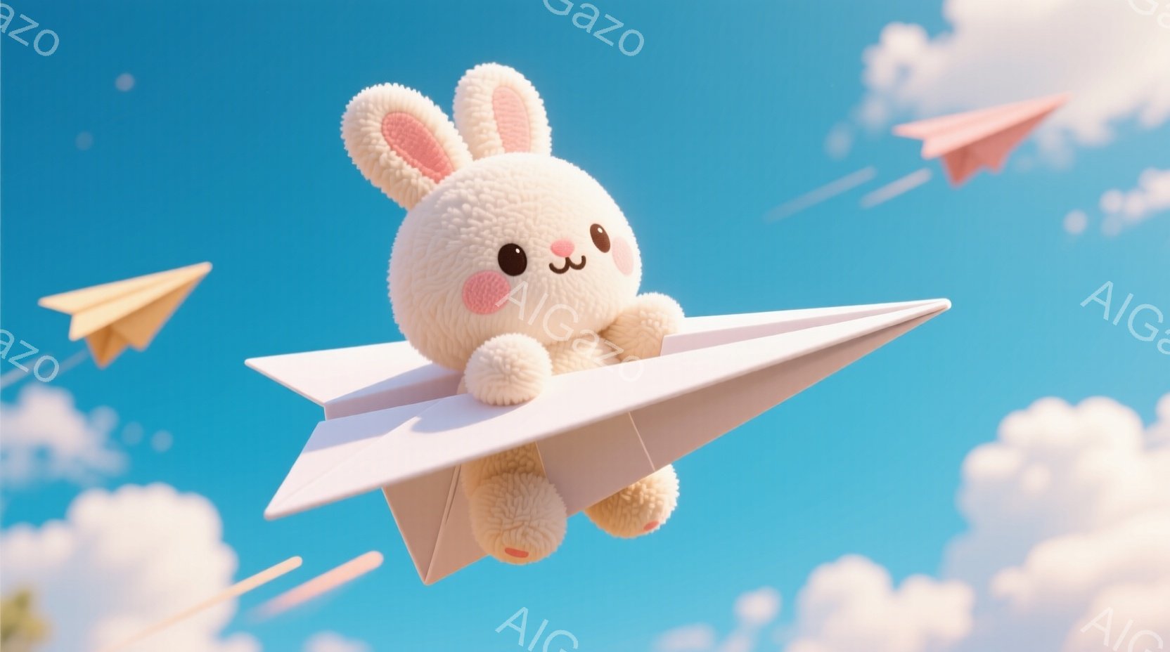 ふわふわの白いウサギが、紙飛行機に乗って青空を飛んでいる様子が描かれています。ウサギはピンクの頬と可愛らしい表情で、小さな手足をしっかりと紙飛行機に添えています。背景には白い雲が浮かび、他の紙飛行機も飛び交んでおり、明るく幻想的な雰囲気を醸し出しています。