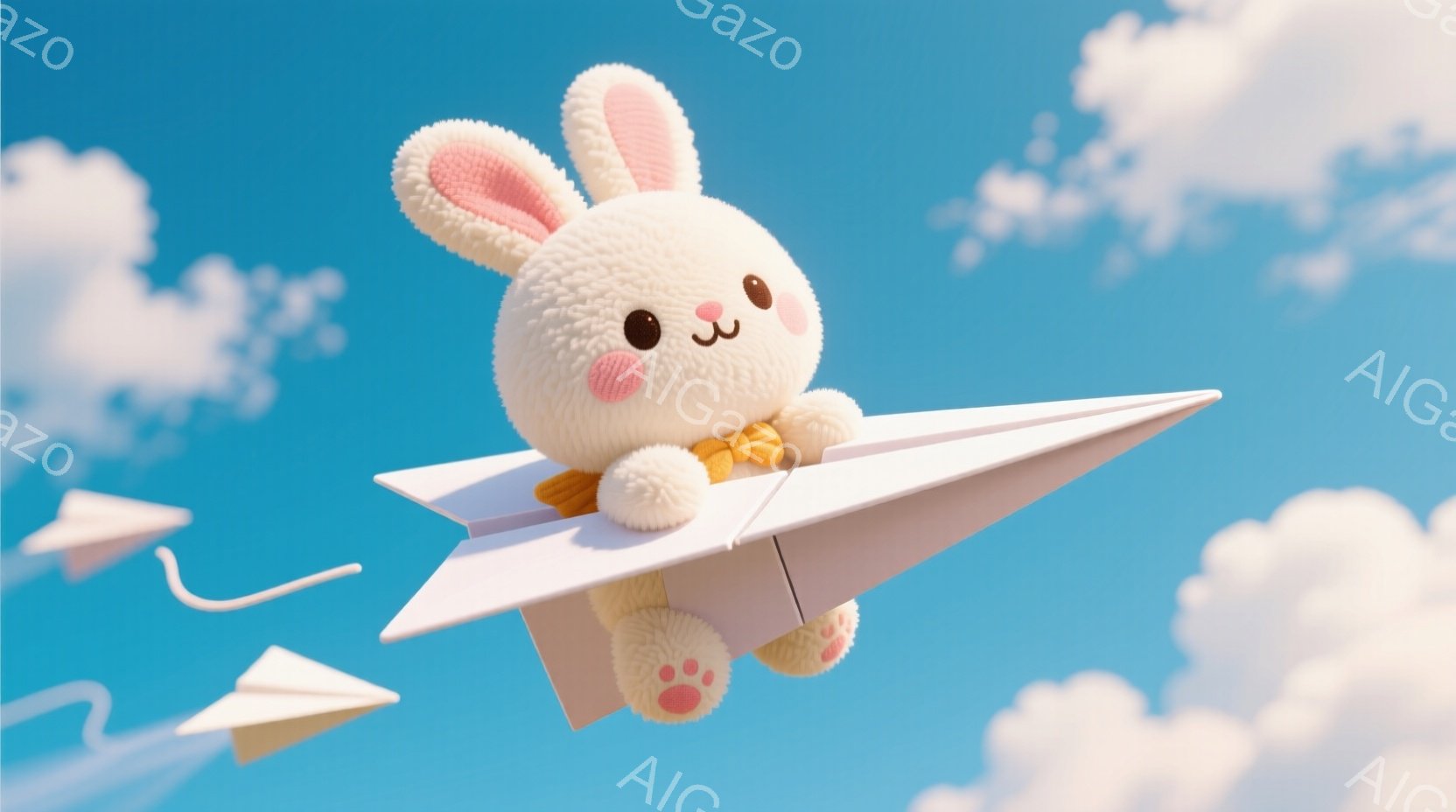 ふわふわの白いウサギが紙飛行機に乗って青い空を飛んでいる様子が描かれています。ウサギは赤いリボンを首に巻き、つぶらな瞳とピンクの頬で可愛らしい表情をしています。背景には他の紙飛行機がいくつか舞い、晴れた空と白い雲が爽やかな雰囲気を演出しています。