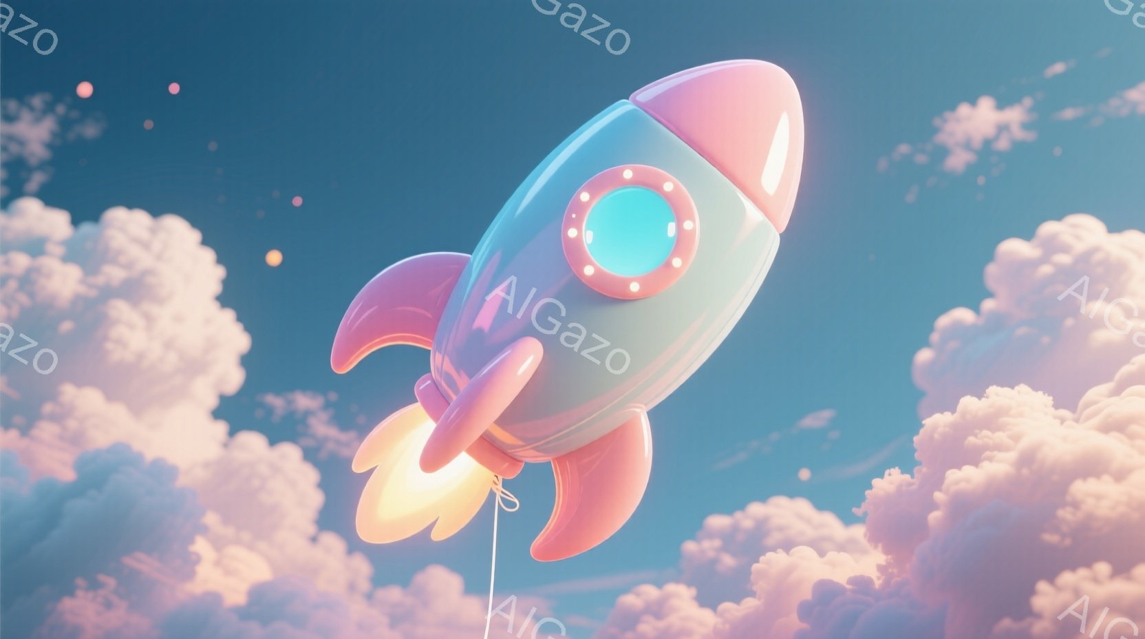 空には、パステルピンクと水色のロケットが浮かんでいます。ロケットからはオレンジ色の炎のような光が噴き出し、まるで風船のように空を漂っているようです。背景には、ふわふわとした綿菓子のような雲が広がり、夢のような優しい雰囲気を醸し出しています。