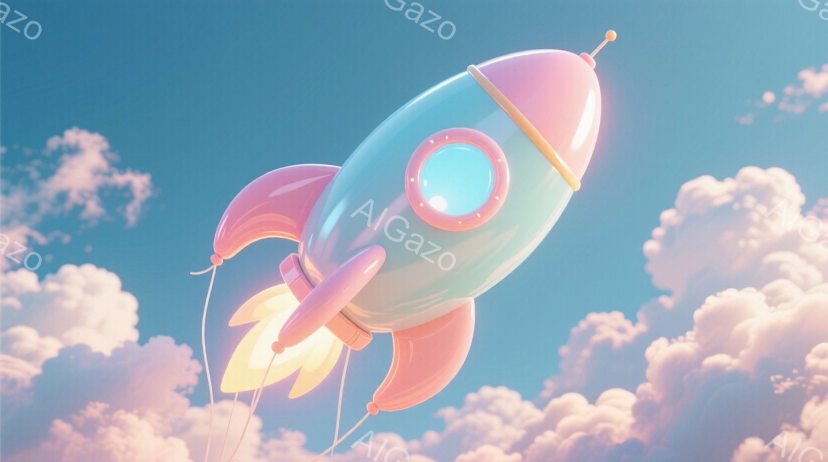 淡い水色のロケットが雲の中に浮かんでいる様子が描かれている。ロケットはピンク色の尾翼と先端を持ち、オレンジ色の炎が噴き出している。背景にはふわふわとした白い雲が広がり、明るく夢幻的な雰囲気を醸し出して - AI生成フリー素材