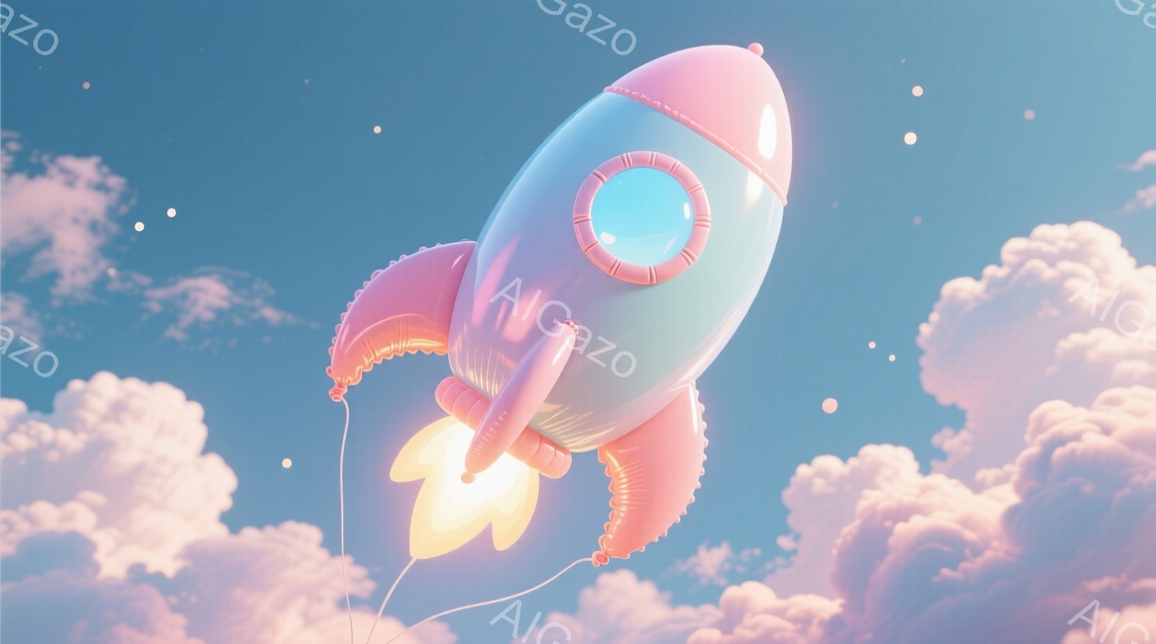 空にはふわふわとしたピンク色の雲が広がり、その中で水色のロケット型風船が炎を噴き上げながら浮かんでいます。風船はピンク色の縁取りが施され、まるで夢のような幻想的な雰囲気を醸し出しています。全体的に淡い - AI生成フリー素材
