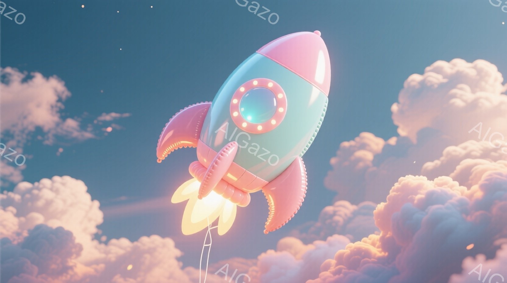 鮮やかな水色とピンク色のロケットが、燃え上がる炎を伴い空を飛んでいる様子が描かれています。ロケットはまるで風船のように丸みを帯びており、ふわふわとした雲が背景に広がっています。全体的に夢のような、遊び心あふれる雰囲気が漂っています。