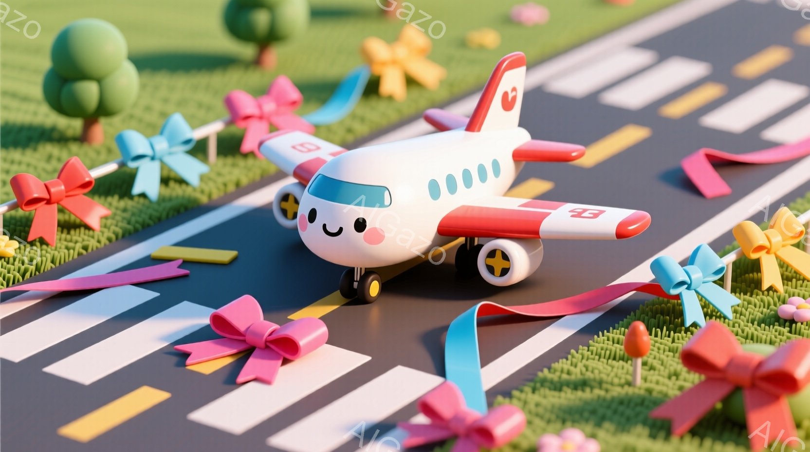 白い飛行機が緑の芝生と白い滑走路の上を走っている様子が描かれています。飛行機には可愛らしい顔が描かれており、カラフルなリボンと小さな木々が周囲を飾り、お祝いのような雰囲気です。全体的に明るく、楽しげな、子供向けのイラストレーションのような印象を与えます。